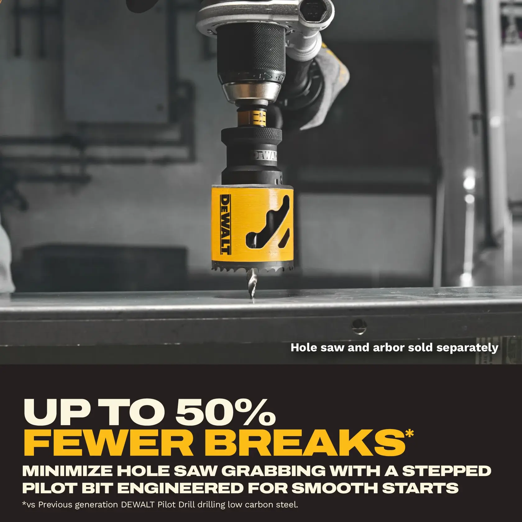 DEWALT hole saw in use. SKUs: DAH99414SPB25, DAH99314SPB25, DAH99414SPB, DAH99314SPB. Claims fewer breaks.