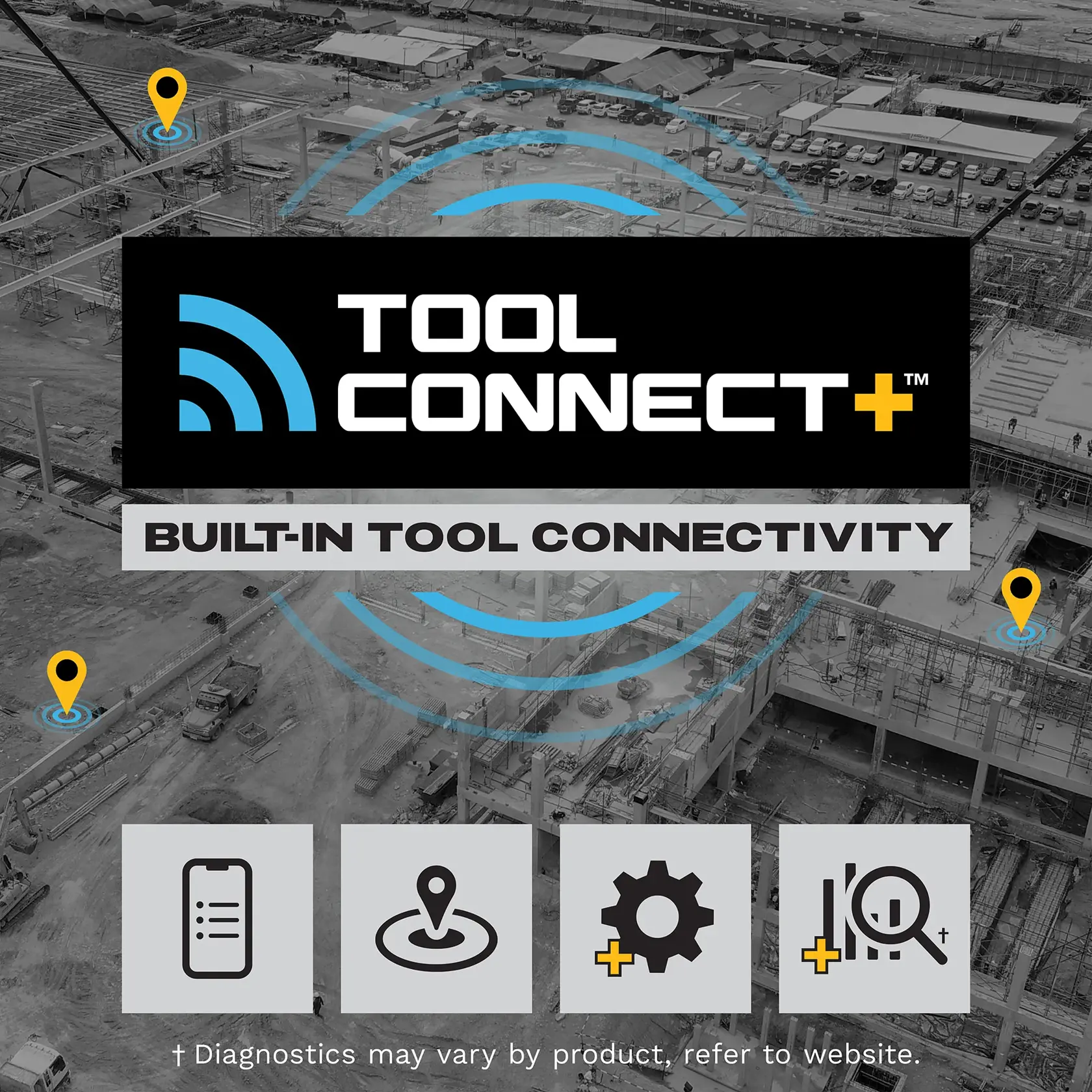 Promotional graphic for DEWALT's Tool Connect+ system showing a construction site in the background. The image highlights 'Built-in Tool Connectivity' with yellow location markers indicating connected tools. Icons at the bottom illustrate features like mobile device compatibility, location tracking, diagnostics, and settings. Text notes that diagnostics may vary by product and refers users to the website for details.