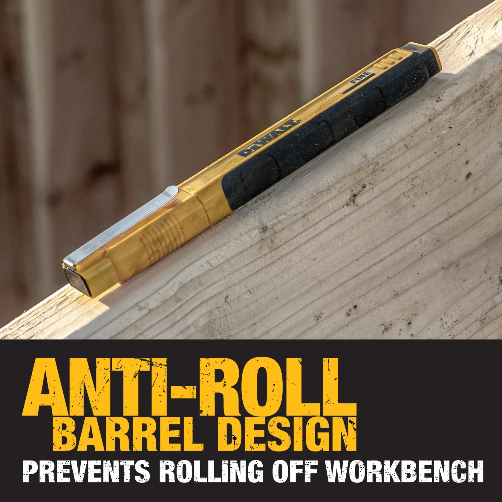 Image of a DEWALT fine point marker, SKU DXM7003, with features highlighted: a metal clip for secure storage, a color indicator for ink color, an anti-roll barrel design to prevent rolling, a durable tip that won't smush or wear, a molded rubber grip for comfort and durability, and a fine point measuring 1/16 inch (1.5mm).