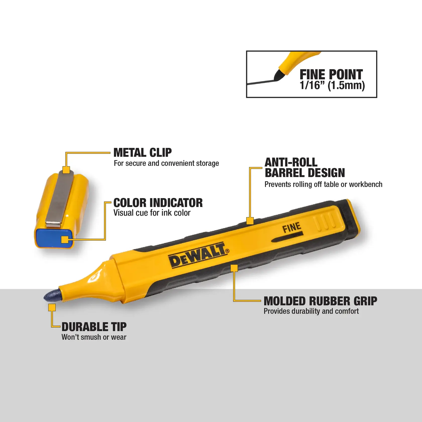 Image of a DEWALT fine point marker, SKU DXM7003, highlighting product features including a metal clip for secure storage, a color indicator for ink color, an anti-roll barrel design, a durable tip, a molded rubber grip for comfort, and a fine point measuring 1/16 inch (1.5mm).