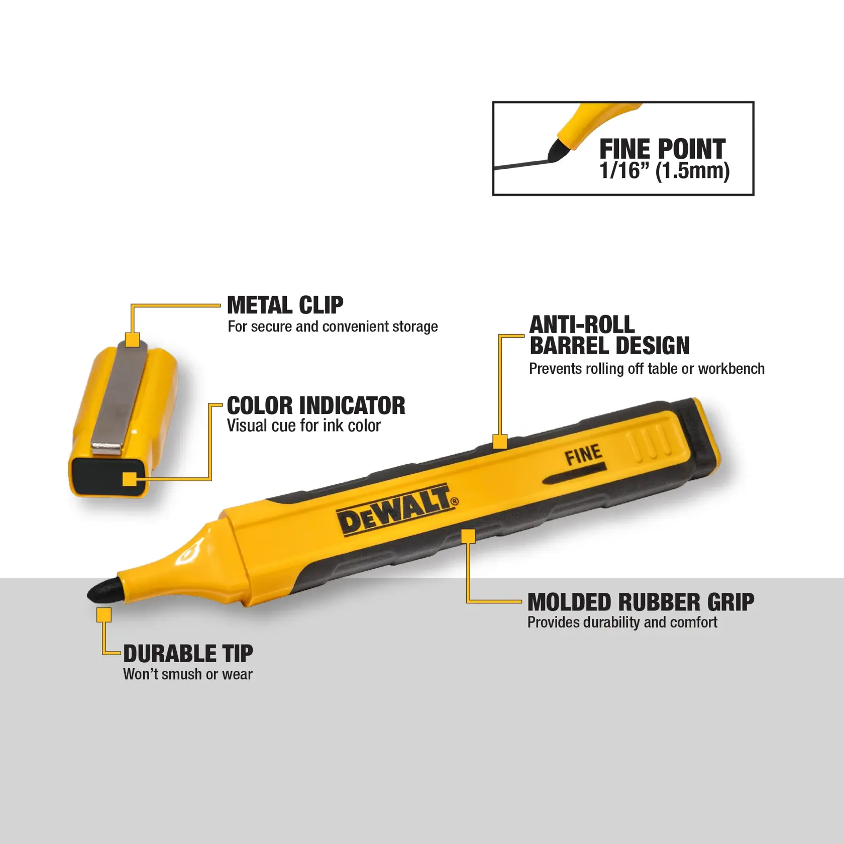 A close-up image of a person using a DEWALT fine tip marker to draw a precise line along a ruler on a tile surface. The text on the image reads: 'Durable Tip. Won't smush for sharp, precise lines.' A graphic of a marker drawing a straight line is also visible.