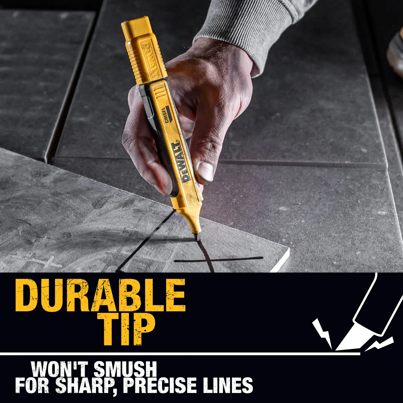 A person uses a yellow DEWALT chisel-tip marker to write 'RETURN' on a textured metal surface. The image also displays a graphic indicating industrial strength ink that works on multiple surfaces.