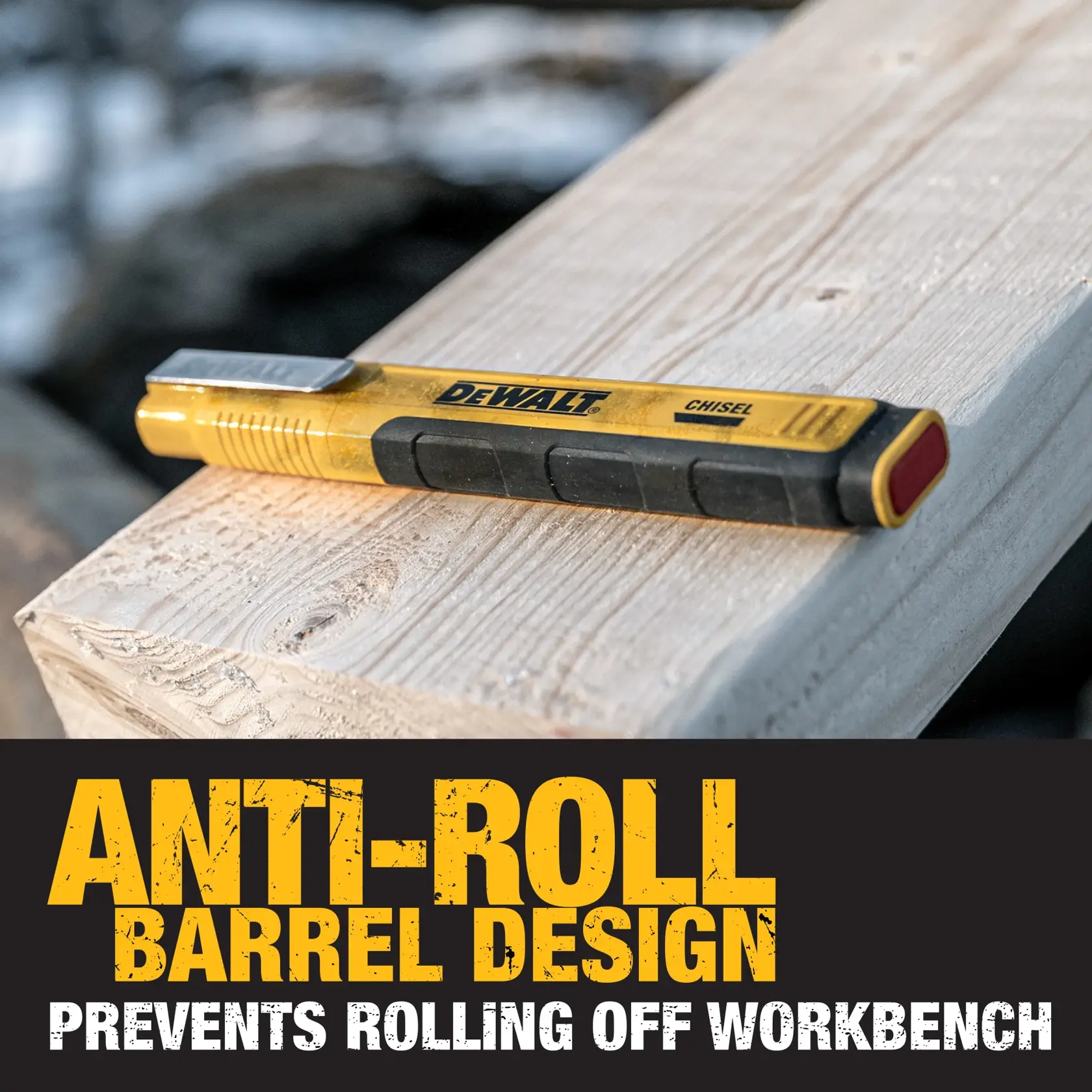 Promotional image displaying two yellow DEWALT jobsite ink markers with red and green tips. The image includes the text 'LONG CAP-OFF LIFE' and 'JOBSITE INK MARKERS' along with a clock icon, highlighting the durability of the markers when uncapped.