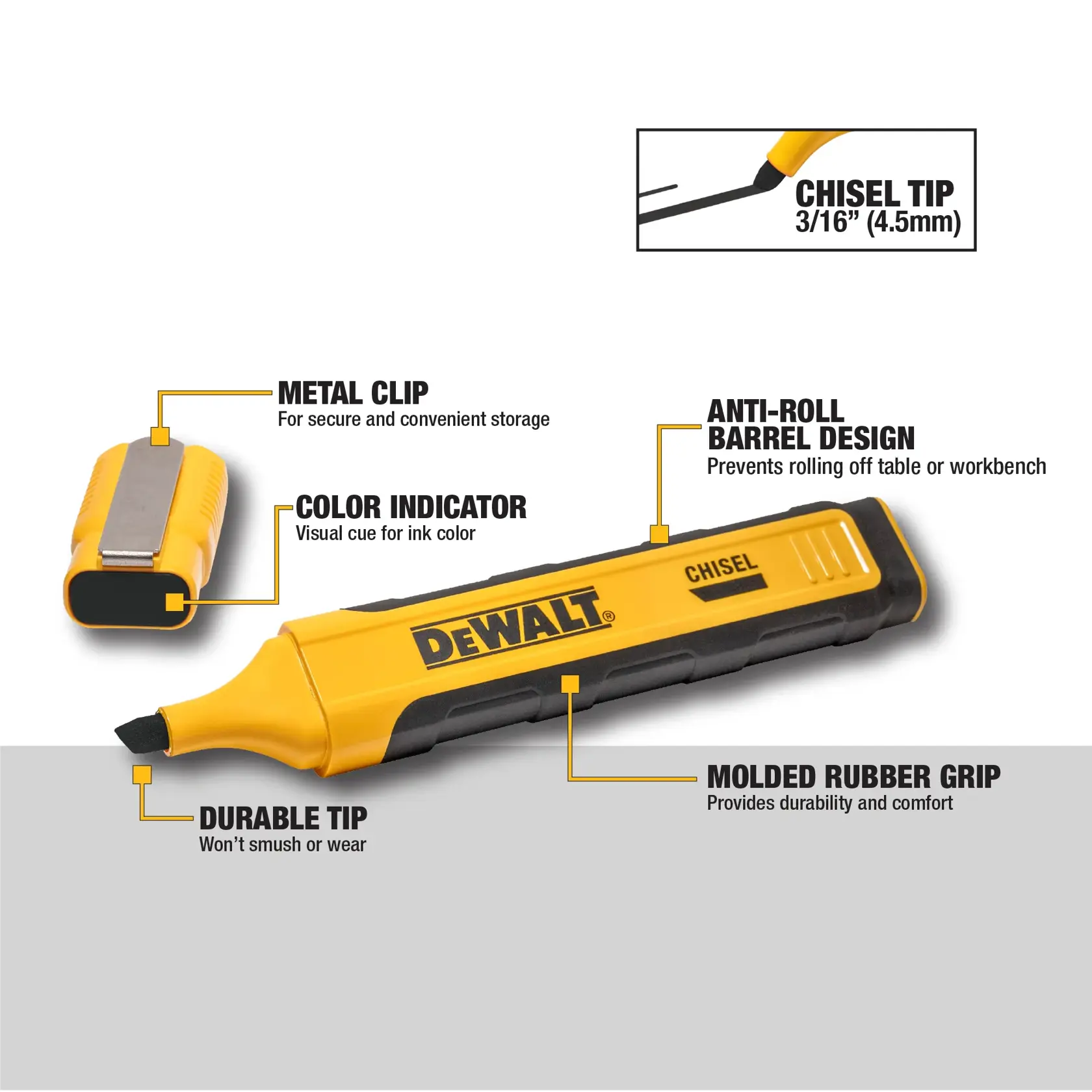 A person uses a yellow DEWALT chisel marker to draw lines on a tile. The image highlights the marker's durable tip with text: 'Durable Tip - Won't Smush For Sharp, Precise Lines.'