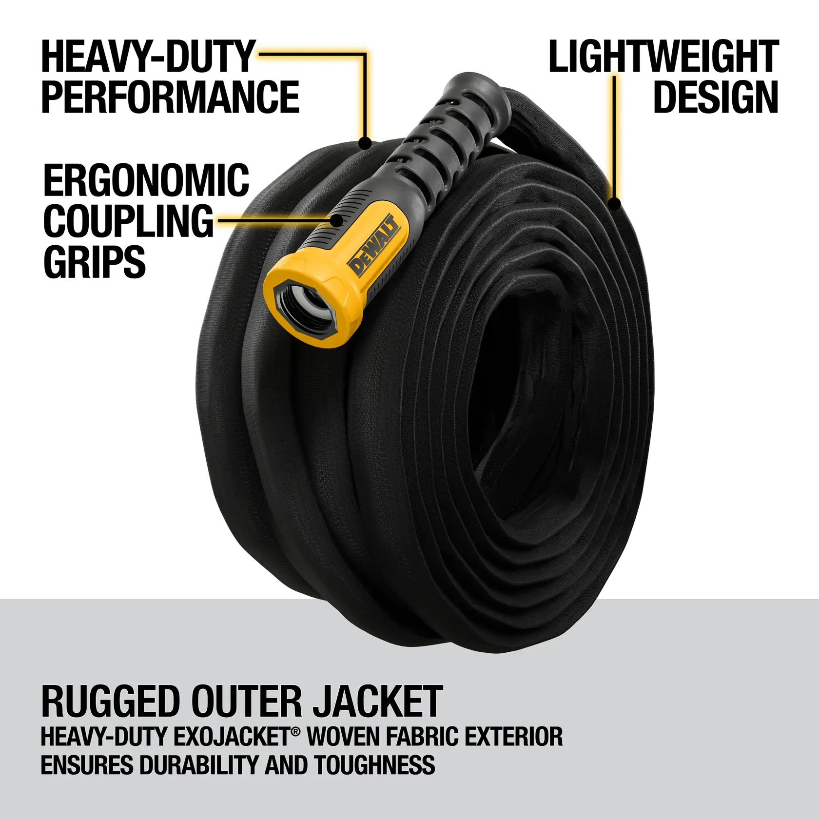 A coiled DEWALT hose with a rugged outer jacket and ergonomic coupling grips, featuring heavy-duty performance, lightweight design, and a woven fabric exterior for durability and toughness.