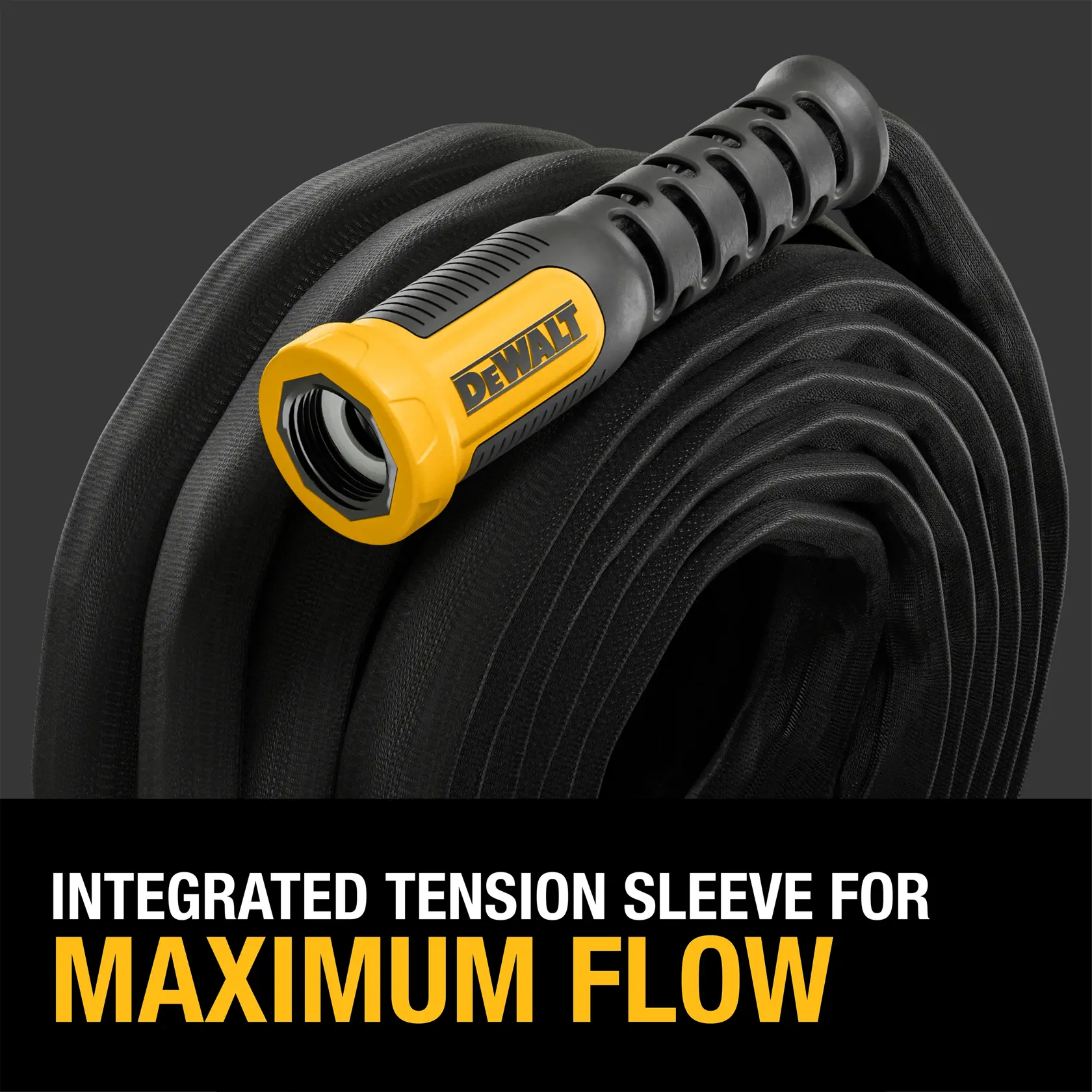 A coiled black hose with a yellow and black DEWALT branded connector. Bold text on the image reads: 'Integrated tension sleeve for maximum flow.'