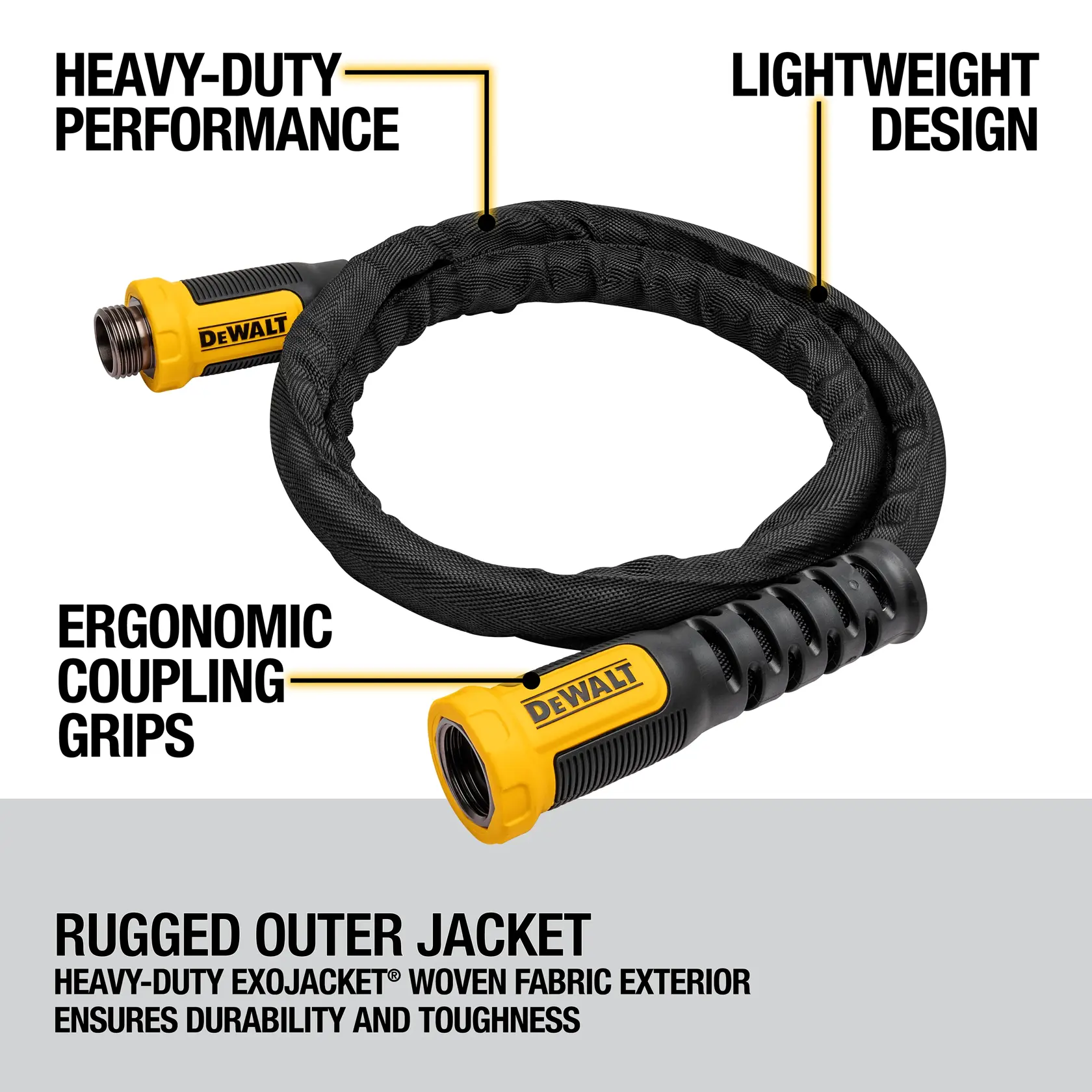 Coiled DEWALT six-foot Heavy-Duty Fabric Water Hose. Highlighting its heavy-duty performance, ergonnomic coupling grips, and lightweight design.  