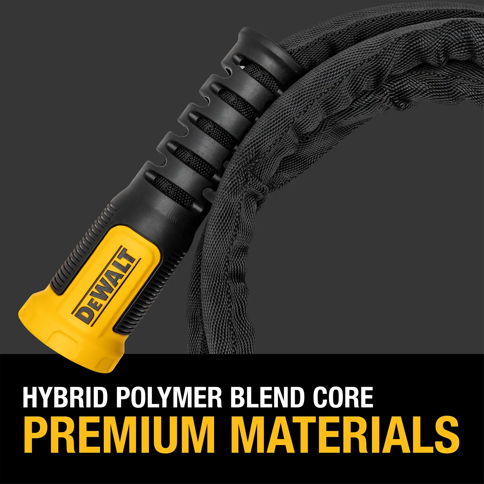 Black and yellow DEWALT Heavy-Duty Fabric Water Hose. Highlighting its hybrid polymer blend premium materials.   