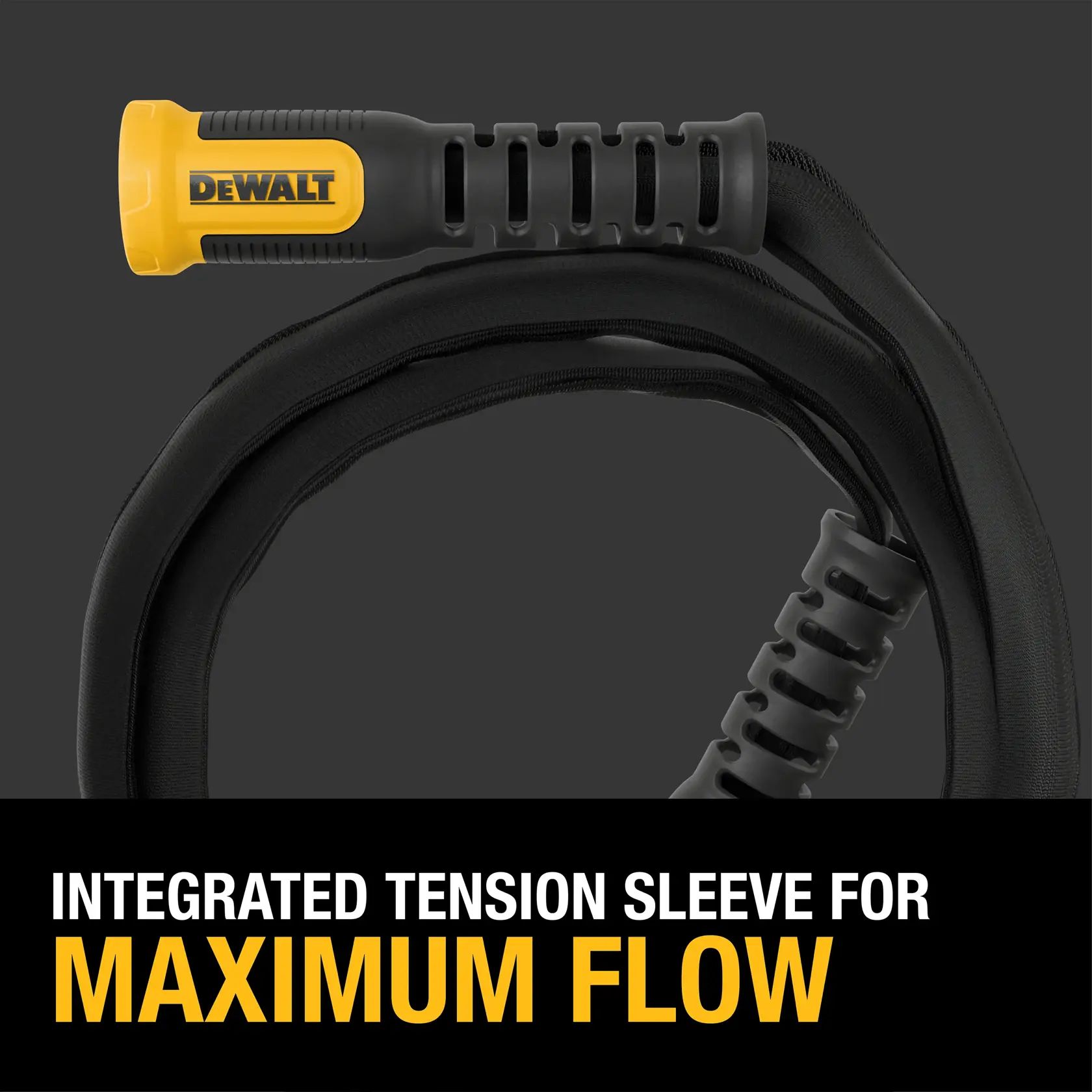 Black and yellow DEWALTHeavy-Duty Fabric Water Hose. Highlighting its integrated tension sleeve for maximum flow. 