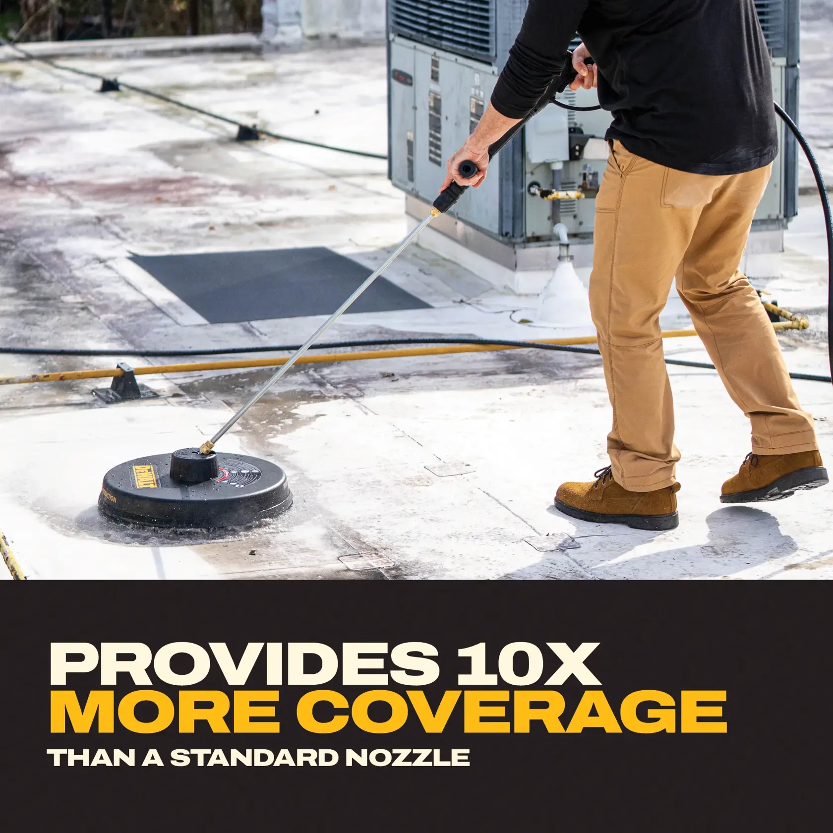 A person uses a large circular pressure washer surface cleaner attachment outdoors, cleaning a flat rooftop. Below the image is bold text stating 'Provides 10x more coverage than a standard nozzle.'