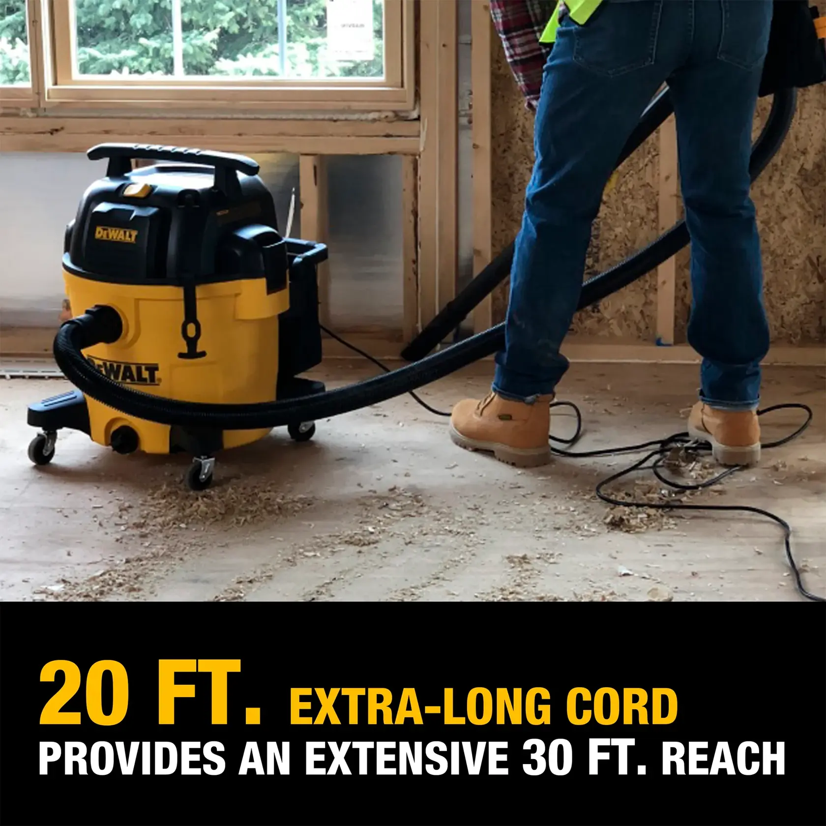 DeWalt Wet/Dry Vacuum, showing man using in work environment cleaning up water with text 20 FT. extra long cord