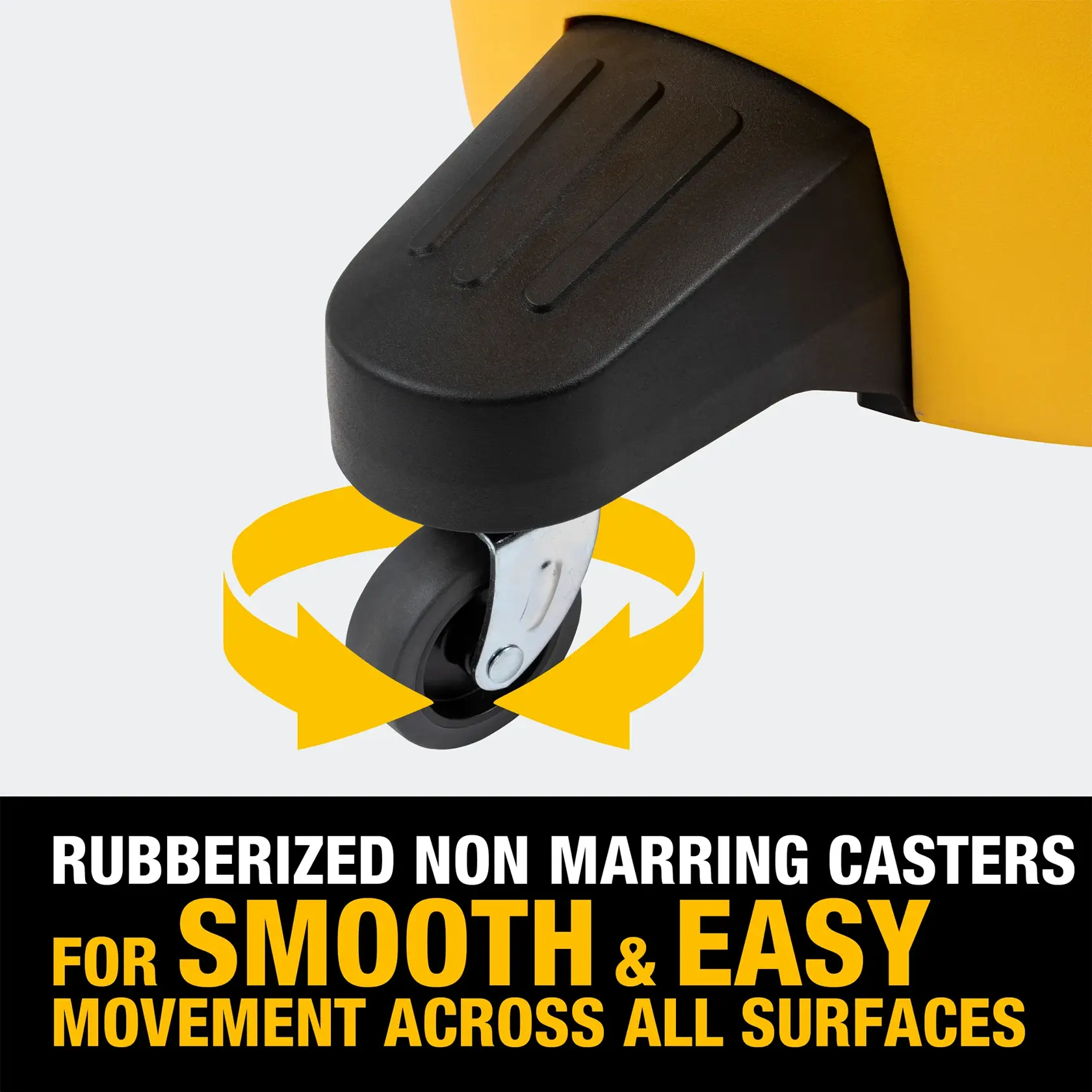 Bottom left caster of DeWalt Stealthsonic Wet/ Dry Vacuum, showing 360 degree easy movement of caster