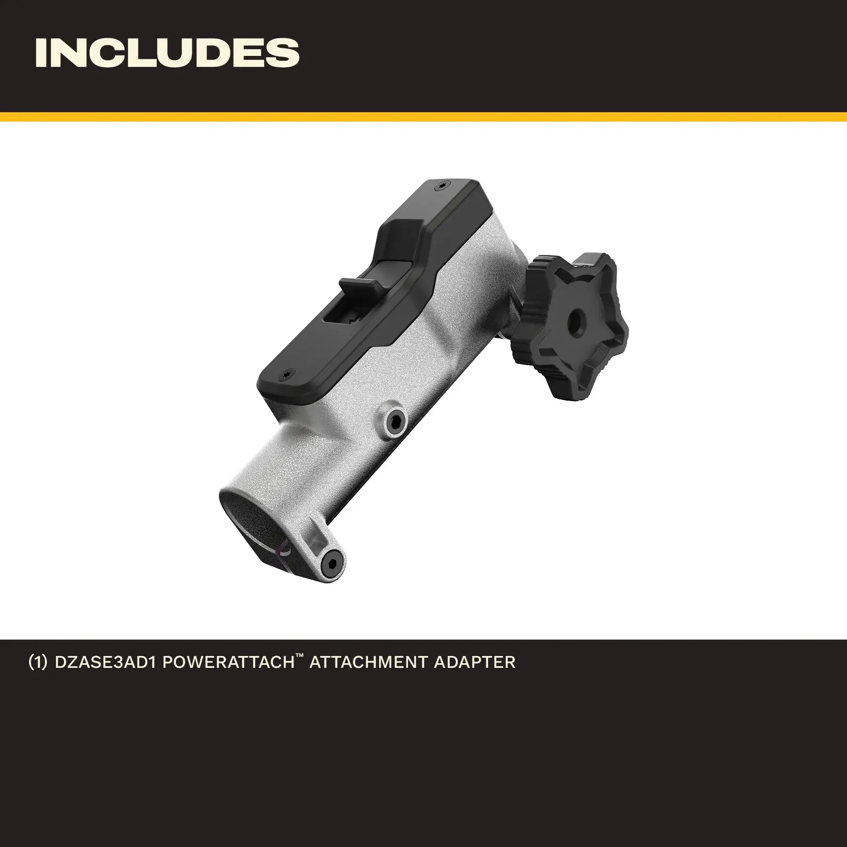 DEWALT DZASE3AD1 PowerAttach adapter with black knob and silver metal body.