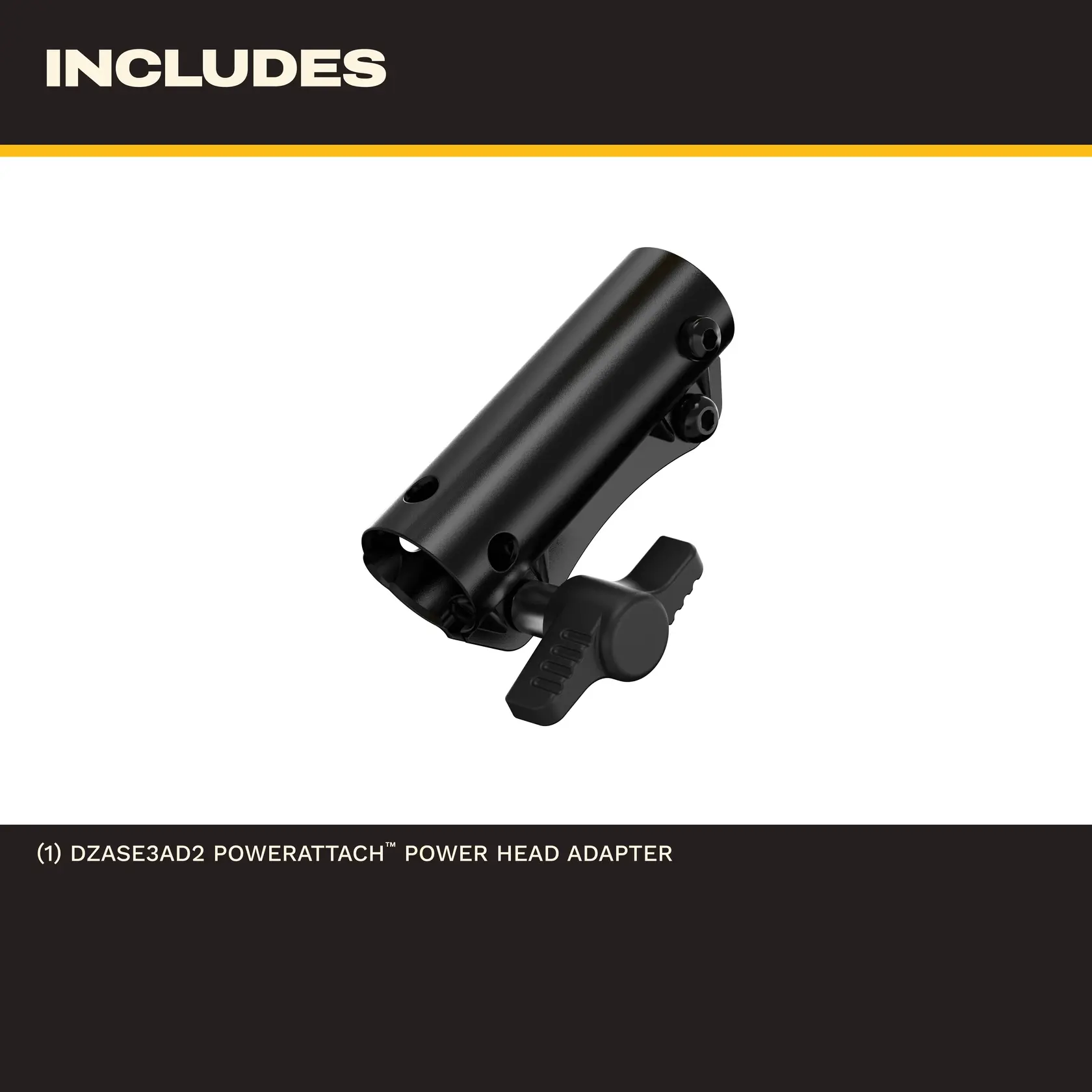Black DEWALT DZASE3AD2 Power Head Adapter for PowerAttach tools shown on white background.