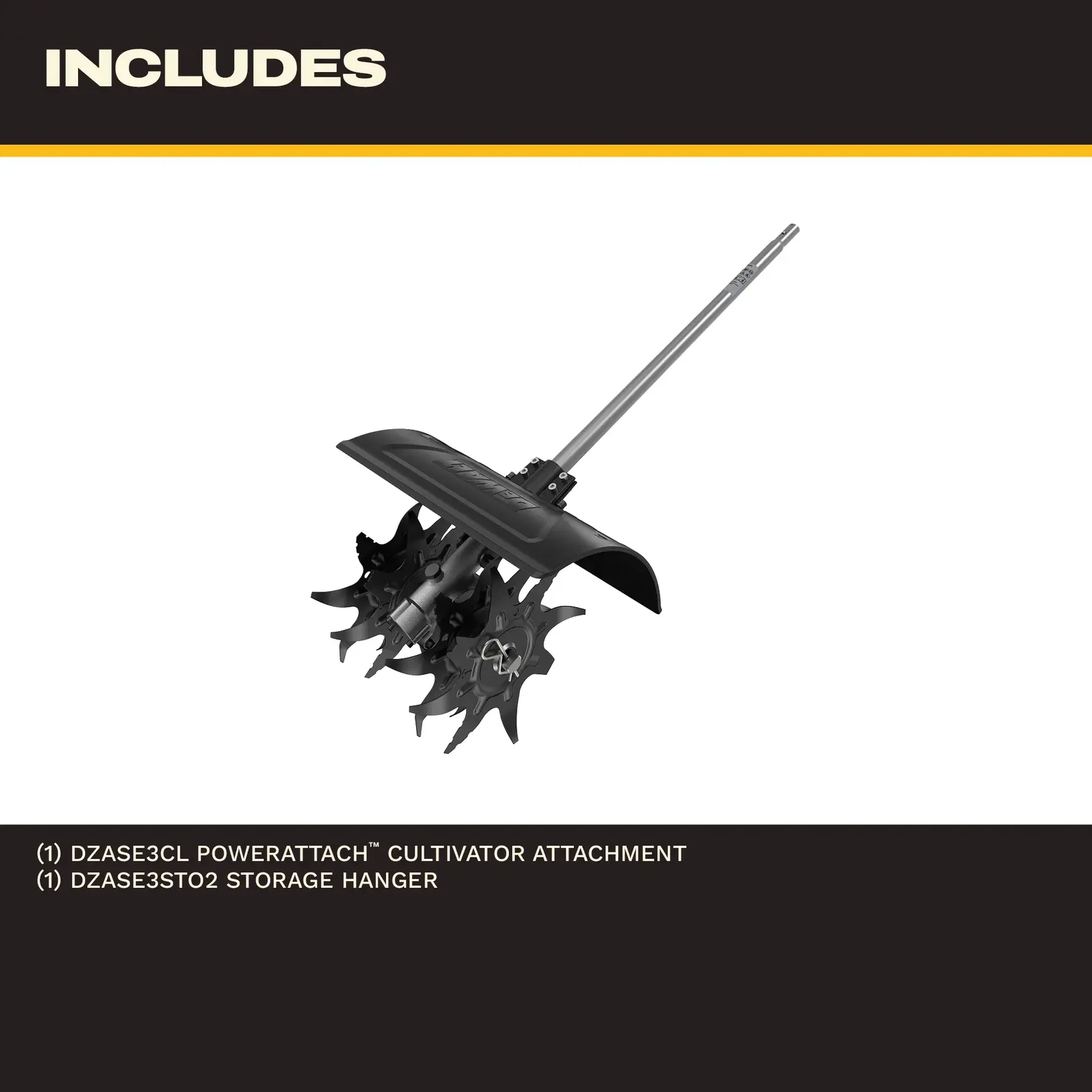 DEWALT cultivator attachment with metal tines and guard, shown as part of a PowerAttach kit.