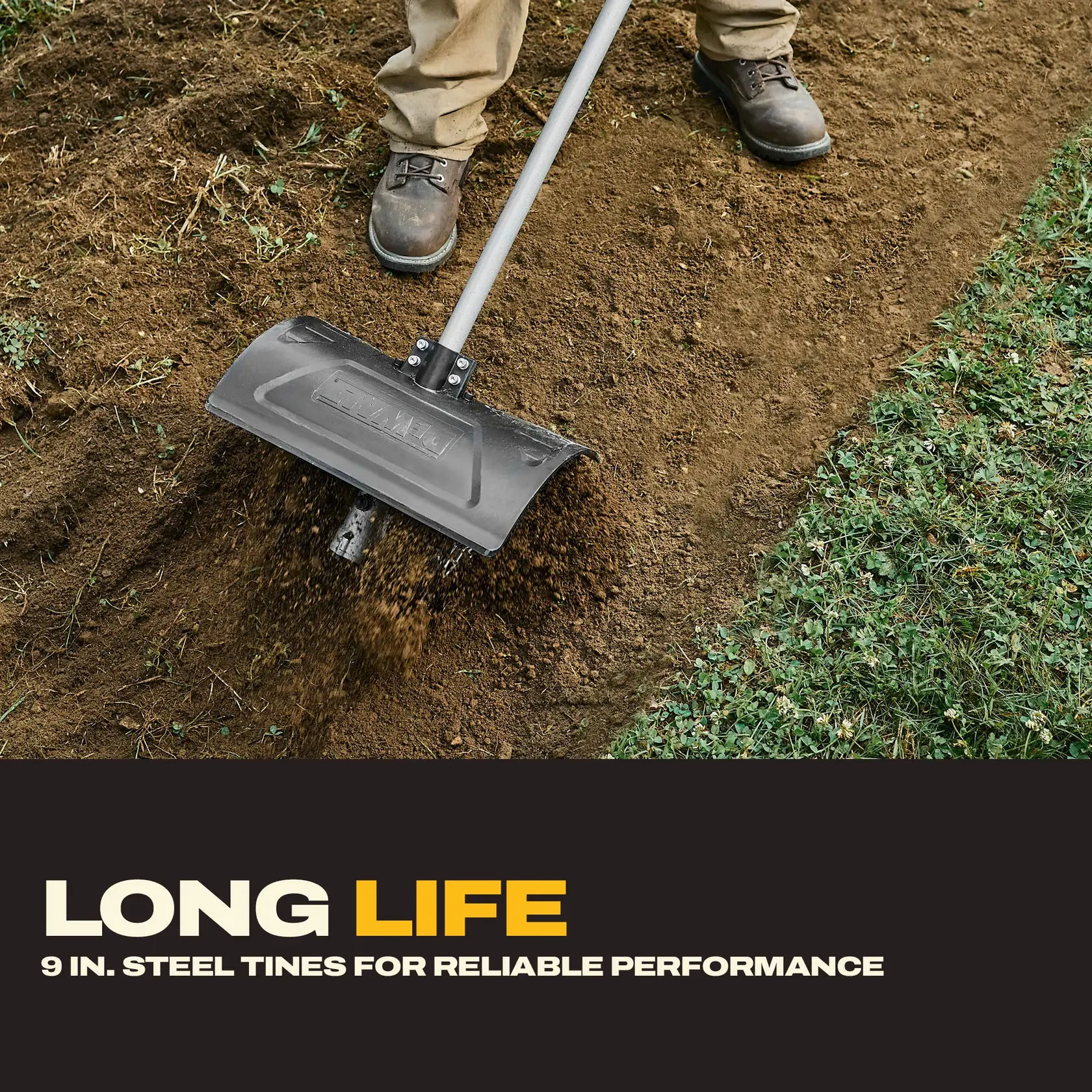 DEWALT tool with steel tines used for soil work by a person, promoting durability and reliable garden performance.