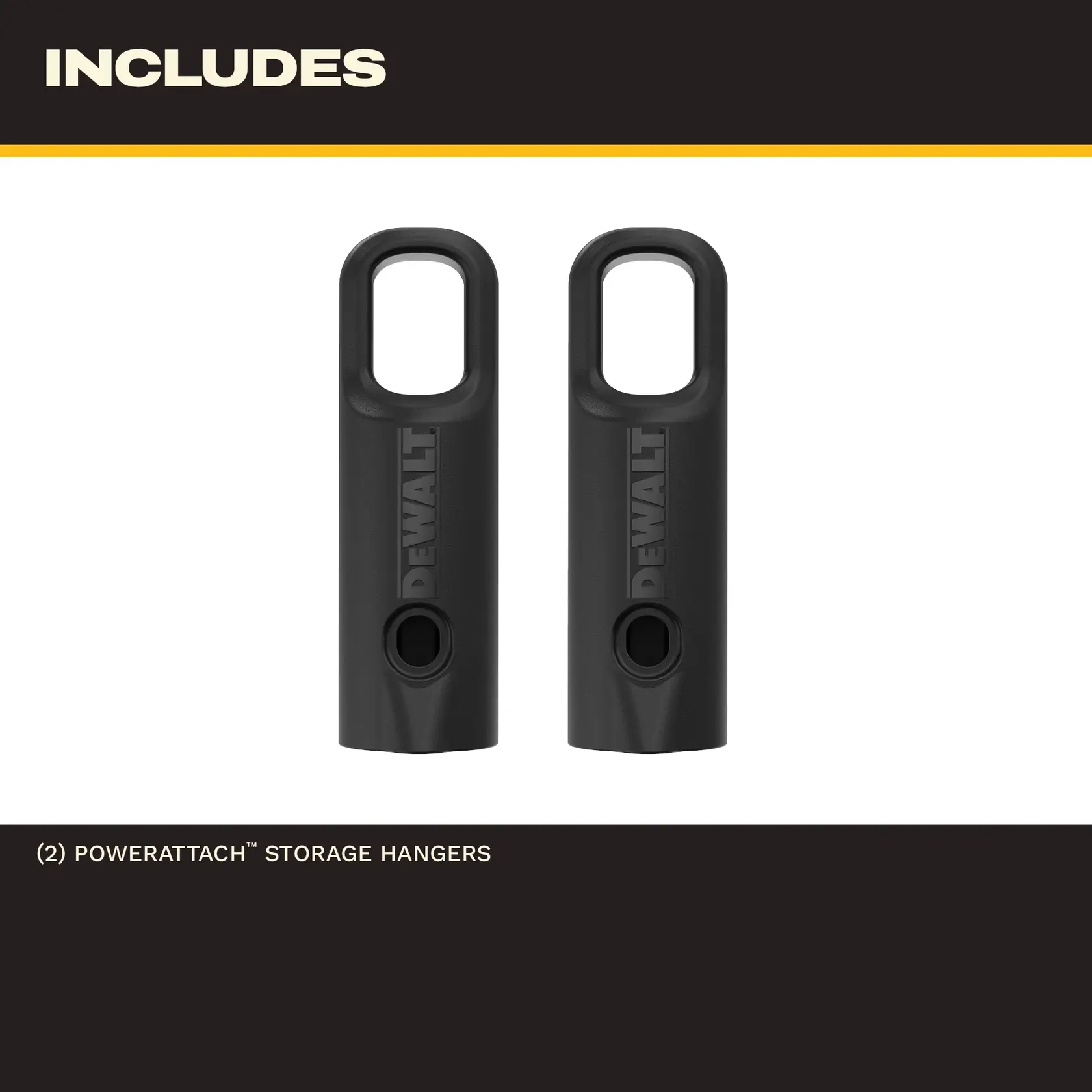Two black DEWALT POWERATTACH storage hangers shown side by side on a white background.