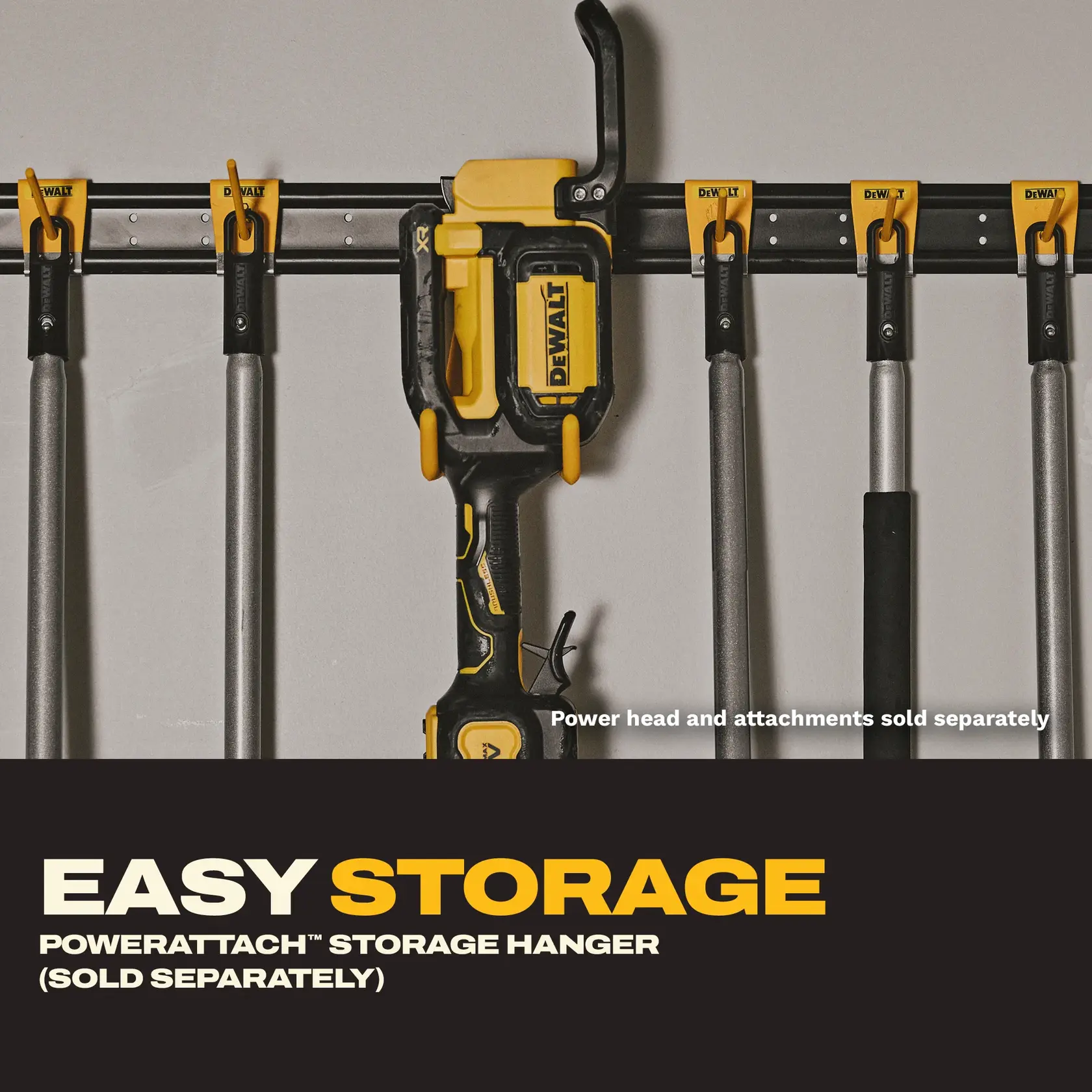 DEWALT PowerAttach storage hanger on wall holding power tool and attachments. Easy storage text in image.