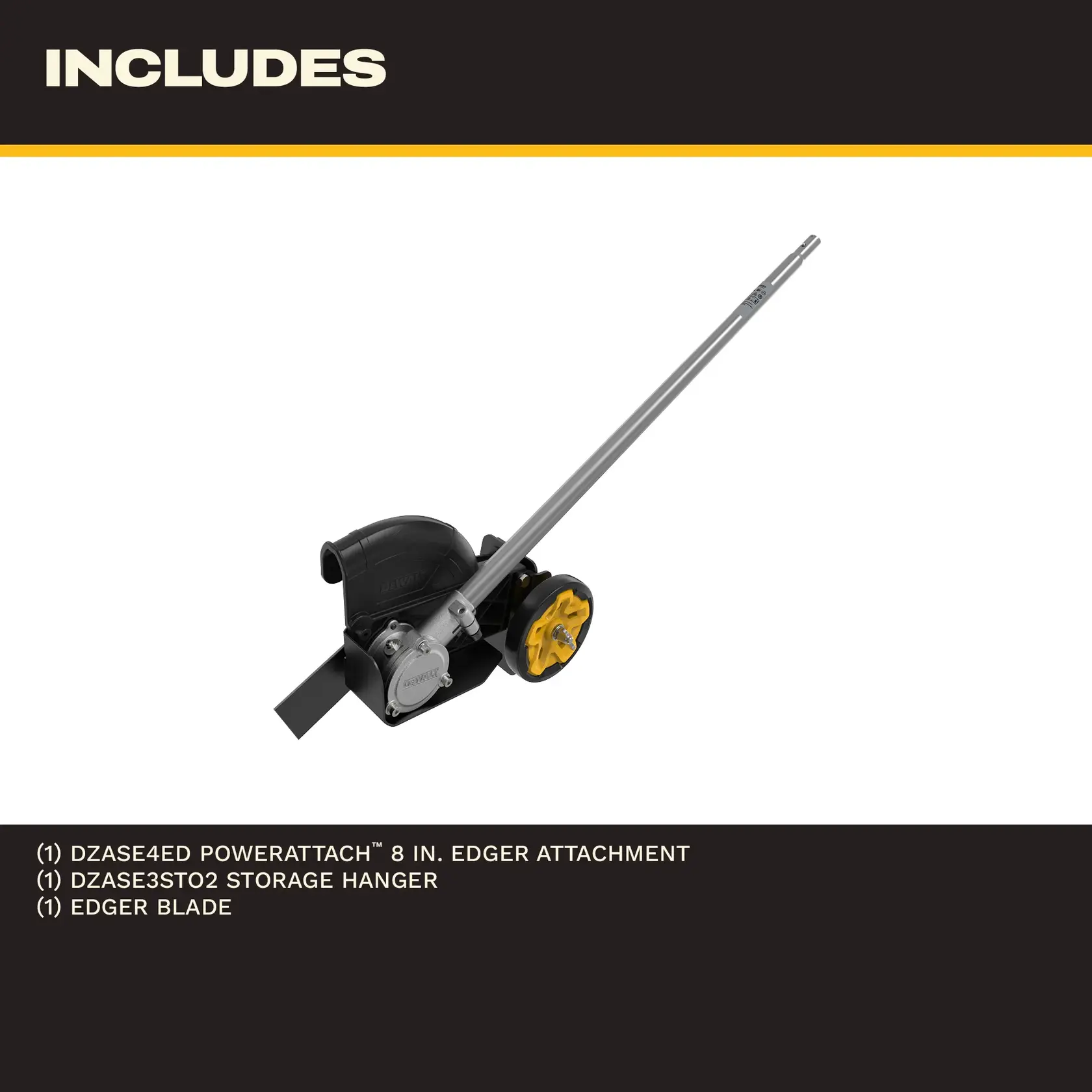DEWALT edger attachment with blade and storage hanger. SKU DZASE4ED. Includes all shown accessories.