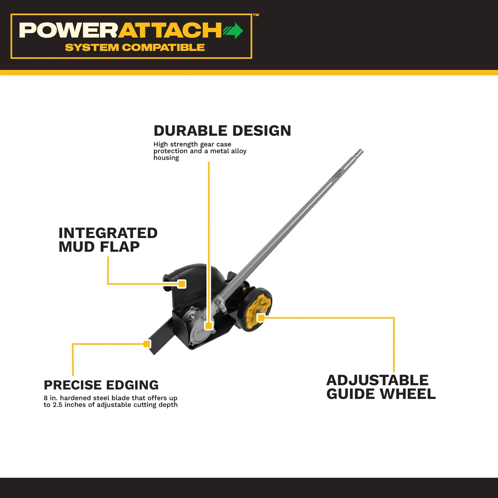 DEWALT edger attachment with durable design, adjustable guide wheel, mud flap, and precise edging features.