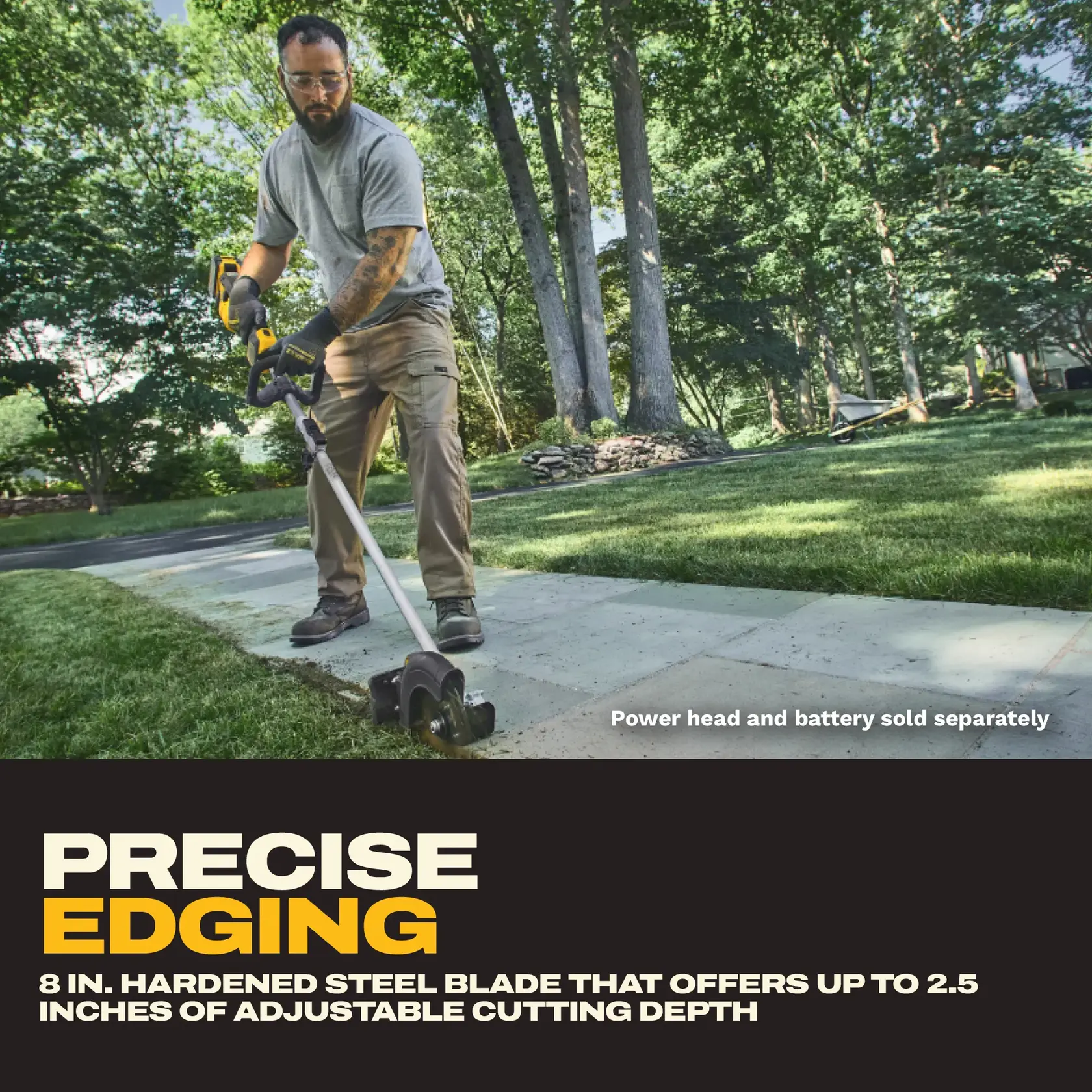 Person uses DEWALT edger on sidewalk; steel blade offers up to 2.5 inches adjustable cutting depth.