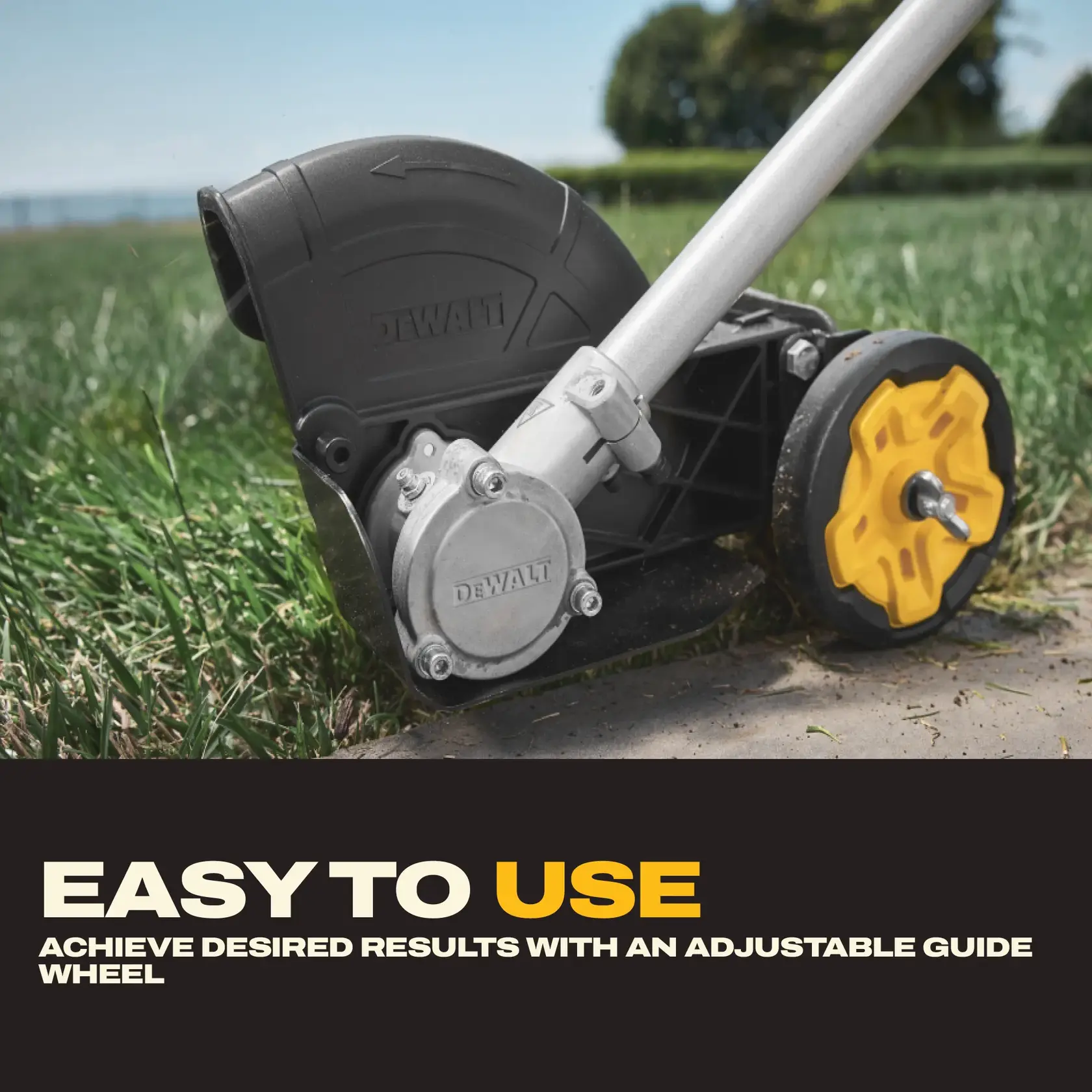 DEWALT edger on grass with guide wheel and text highlighting ease of use and adjustable results.