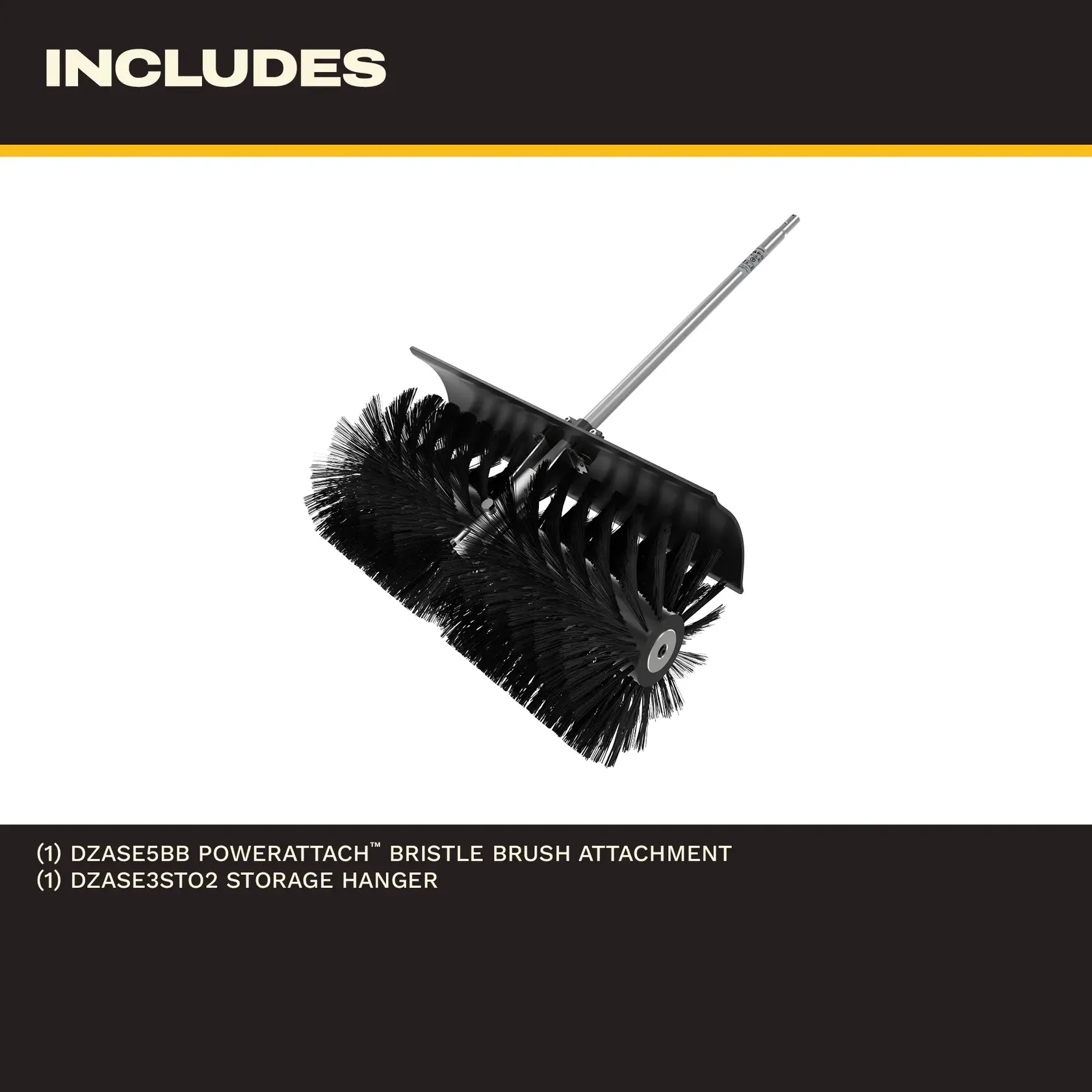 DEWALT bristle brush attachment with handle and a storage hanger, shown in black on white background.