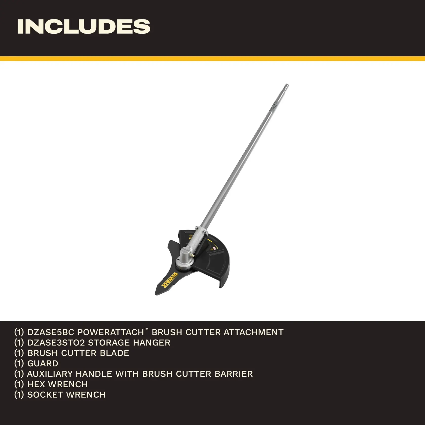 DEWALT brush cutter attachment with blade, guard, handle, wrench, hanger, and barrier included.