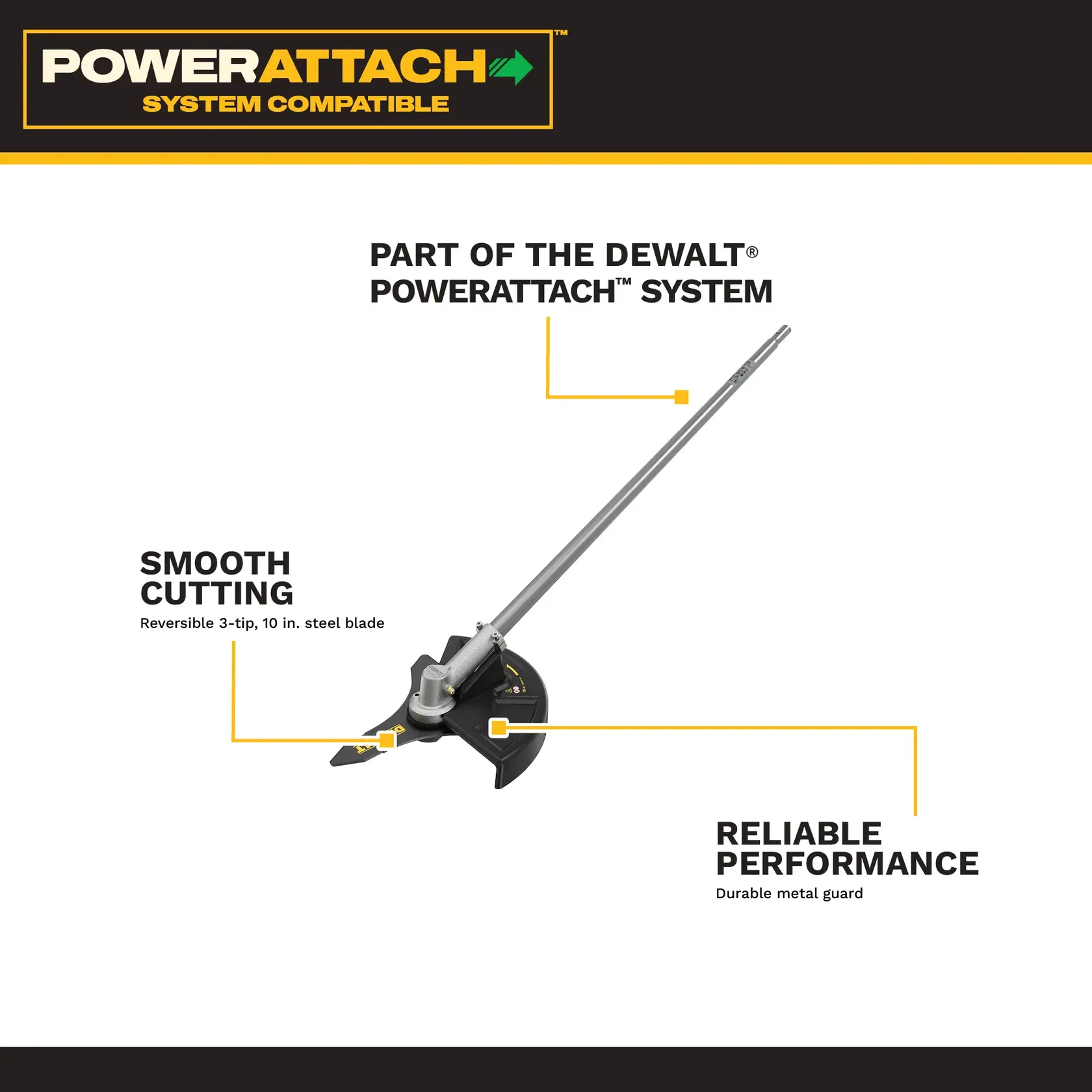DEWALT PowerAttach blade attachment with steel blade and metal guard, system compatible.