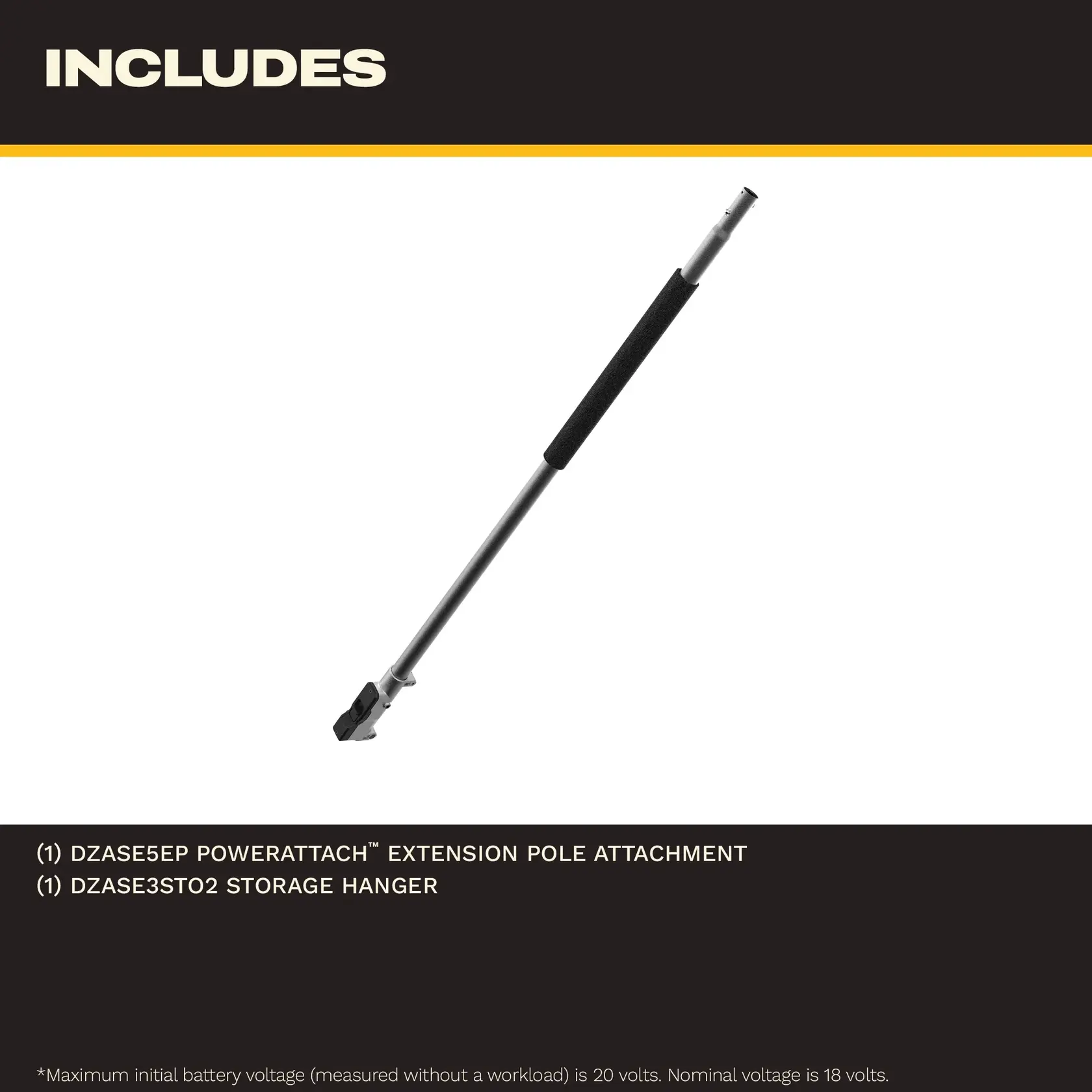 DEWALT extension pole attachment and storage hanger shown on a white and black background.