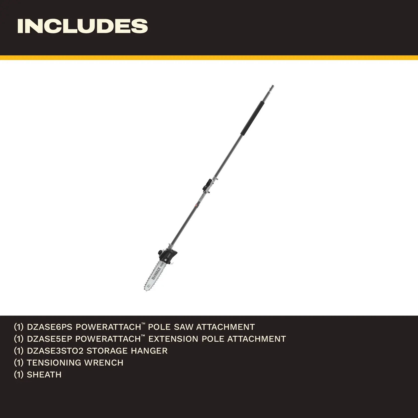 DEWALT pole saw kit with saw, extension pole, storage hanger, tensioning wrench, and sheath included.