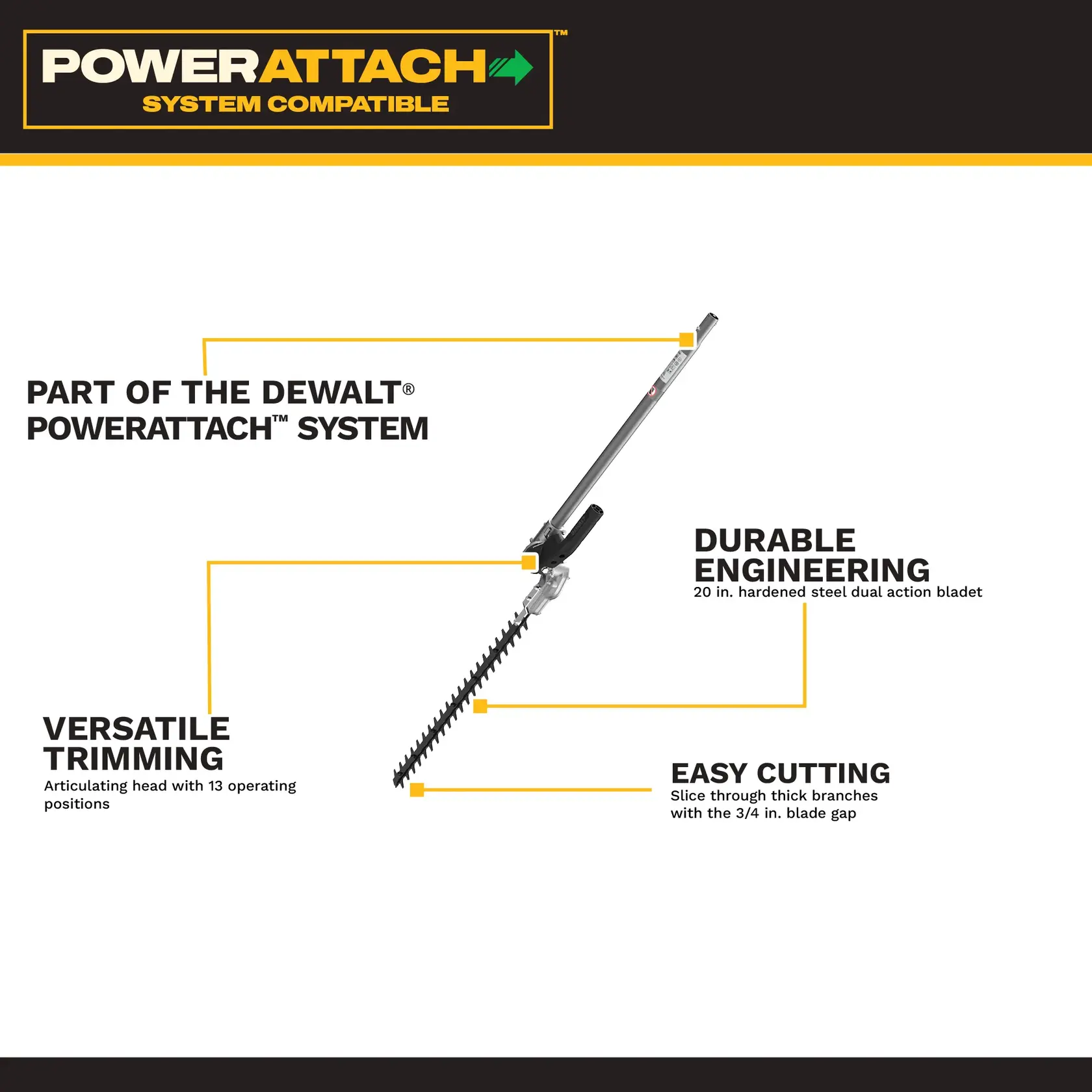 DEWALT hedge trimmer attachment with articulating head, steel blade, and PowerAttach System compatibility.