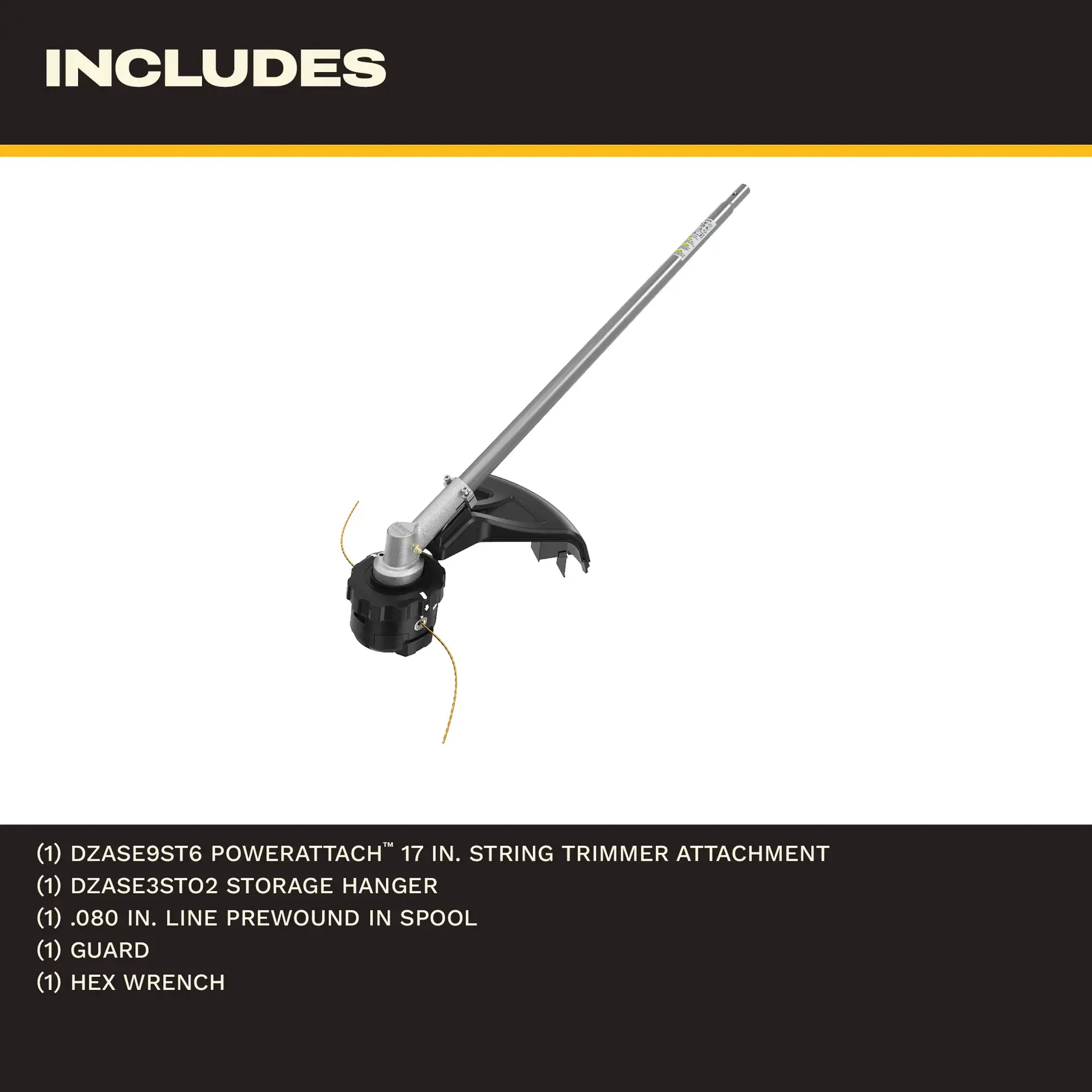 DEWALT string trimmer attachment with guard, spool, storage hanger, and hex wrench included.
