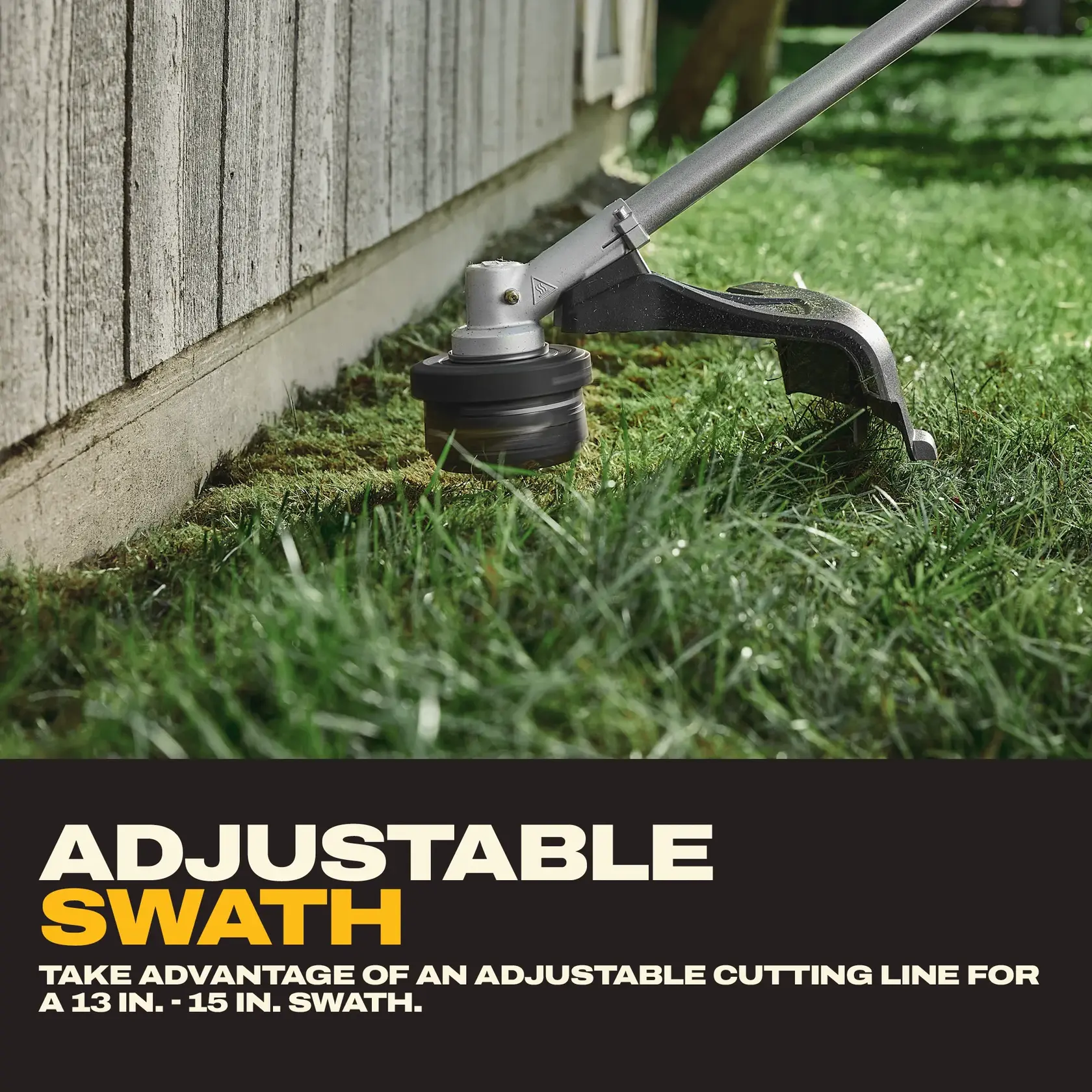 String trimmer cutting grass near a wall, highlighting its adjustable 13-15 inch cutting swath.