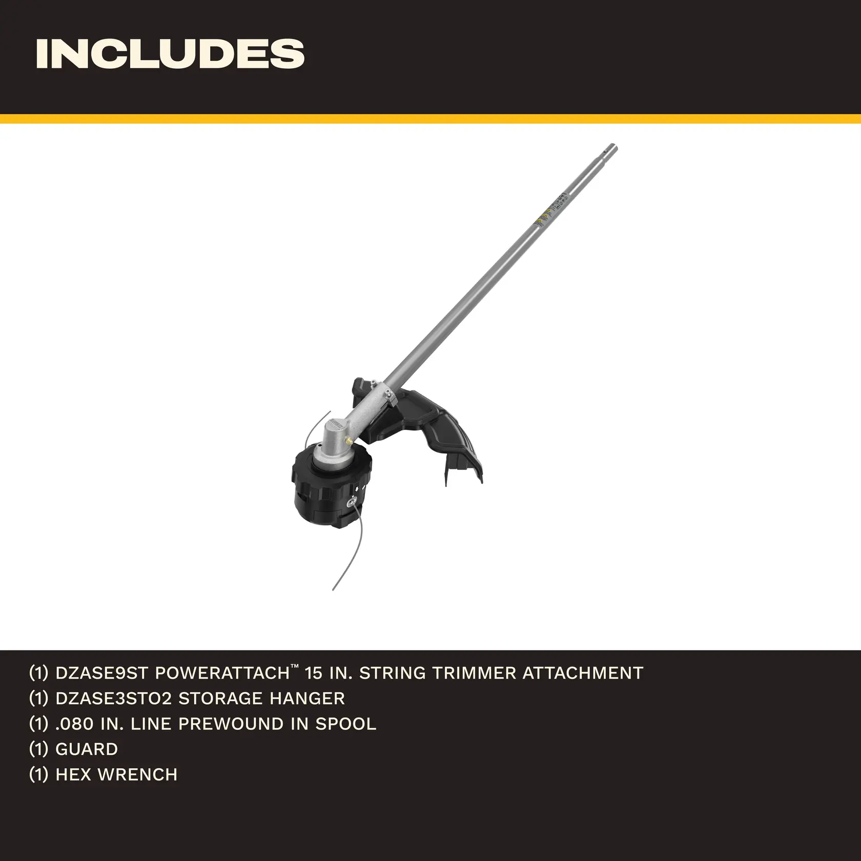 DEWALT string trimmer attachment with guard and cutting line, shown with included accessories list.