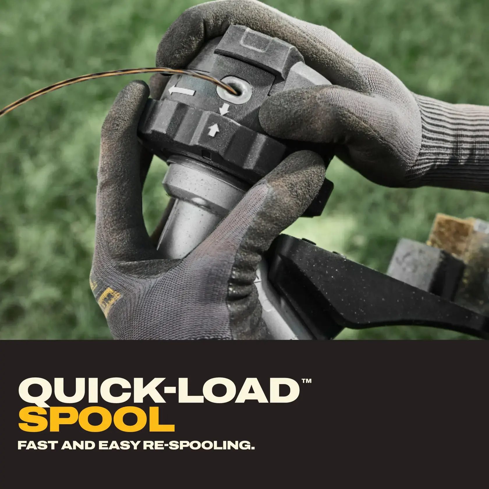 Gloved hands loading string into a DEWALT quick-load spool for fast re-spooling of a trimmer outdoors.