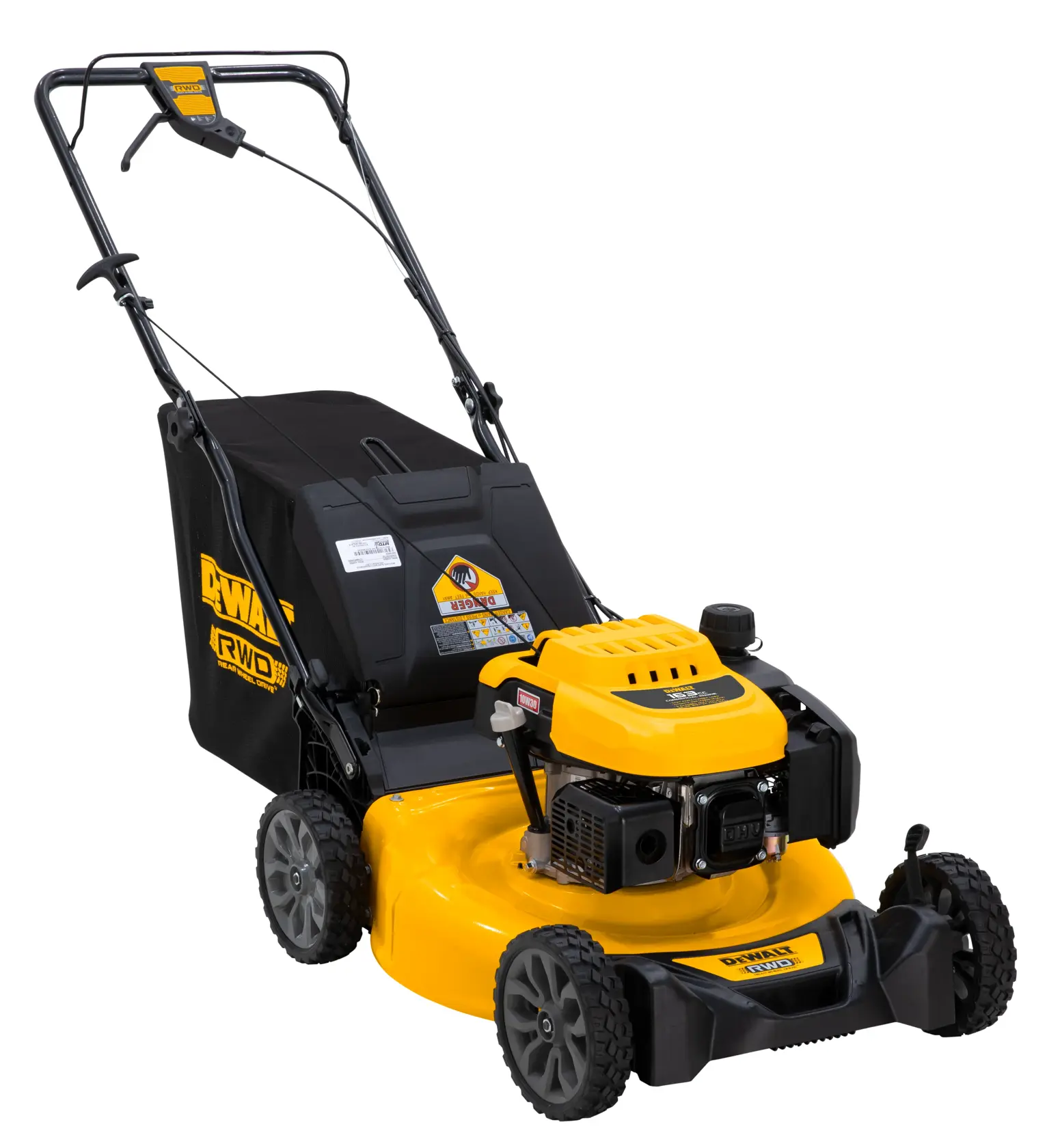 A yellow and black DEWALT lawn mower with a rear wheel drive mechanism and a collection bag attached. The lawn mower features a sturdy handle, four wheels, and a visible engine on top.