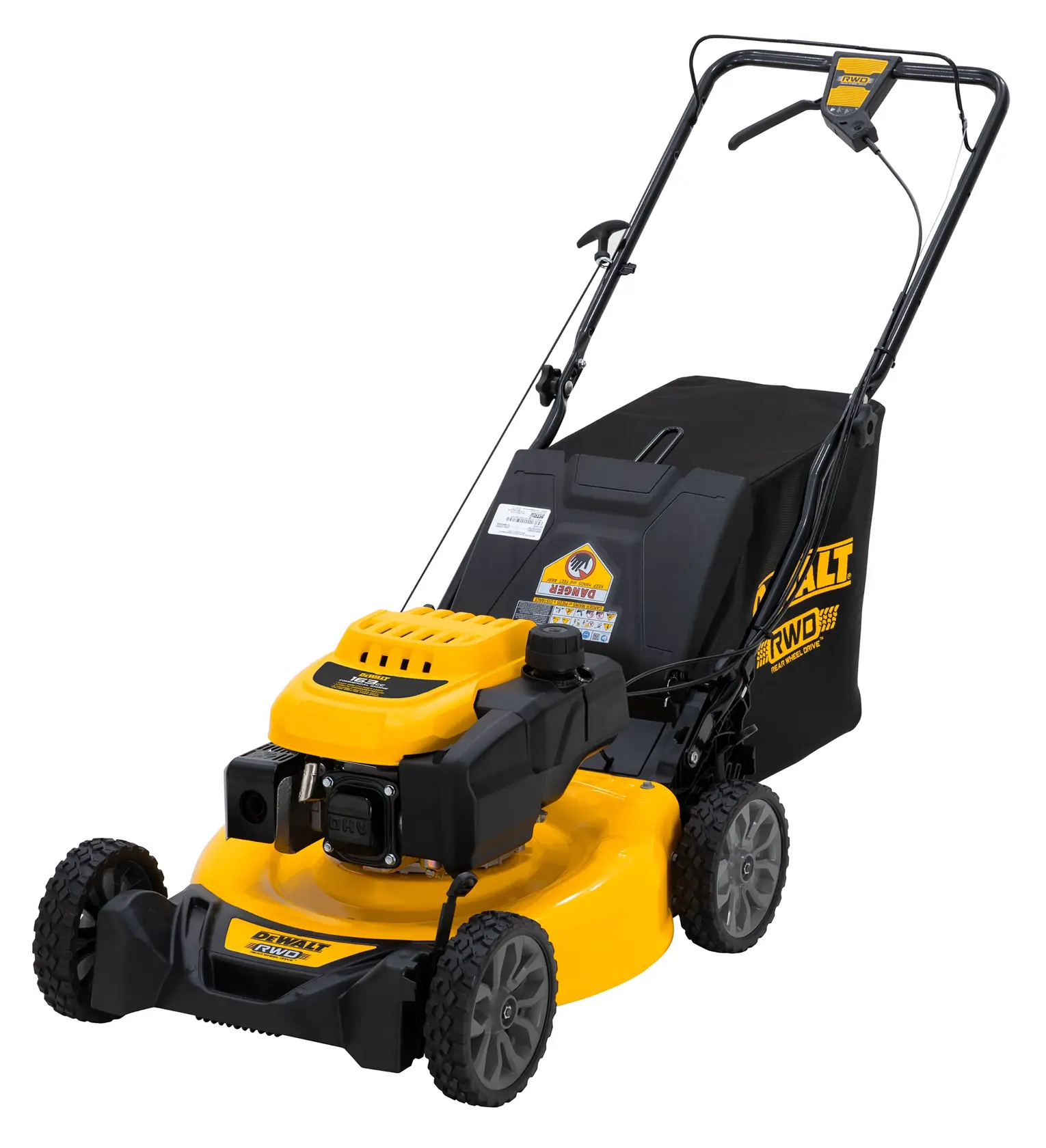 A DEWALT branded yellow and black lawn mower with rear wheel drive and a grass collection bag attached to the back.