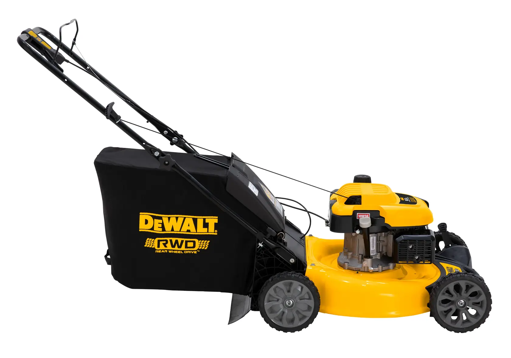 Side view of a DEWALT rear wheel drive lawn mower with a yellow and black color scheme. The mower features a grass collection bag attached at the back and large wheels for maneuverability.