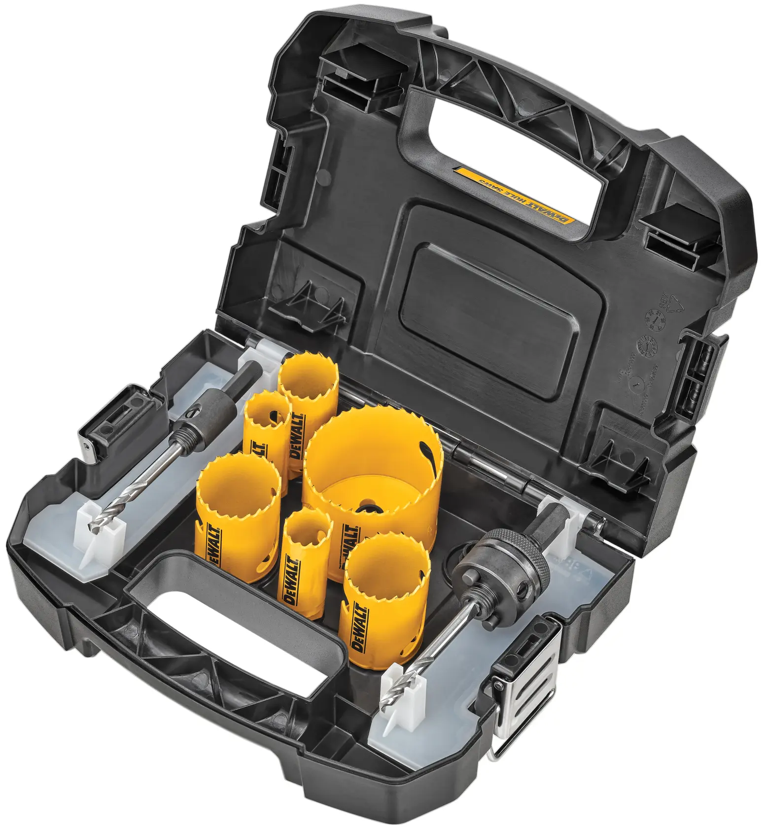 A DEWALT hole saw kit in a black carrying case, containing several yellow hole saw blades of various sizes, two arbors, and accessories organized inside the case.