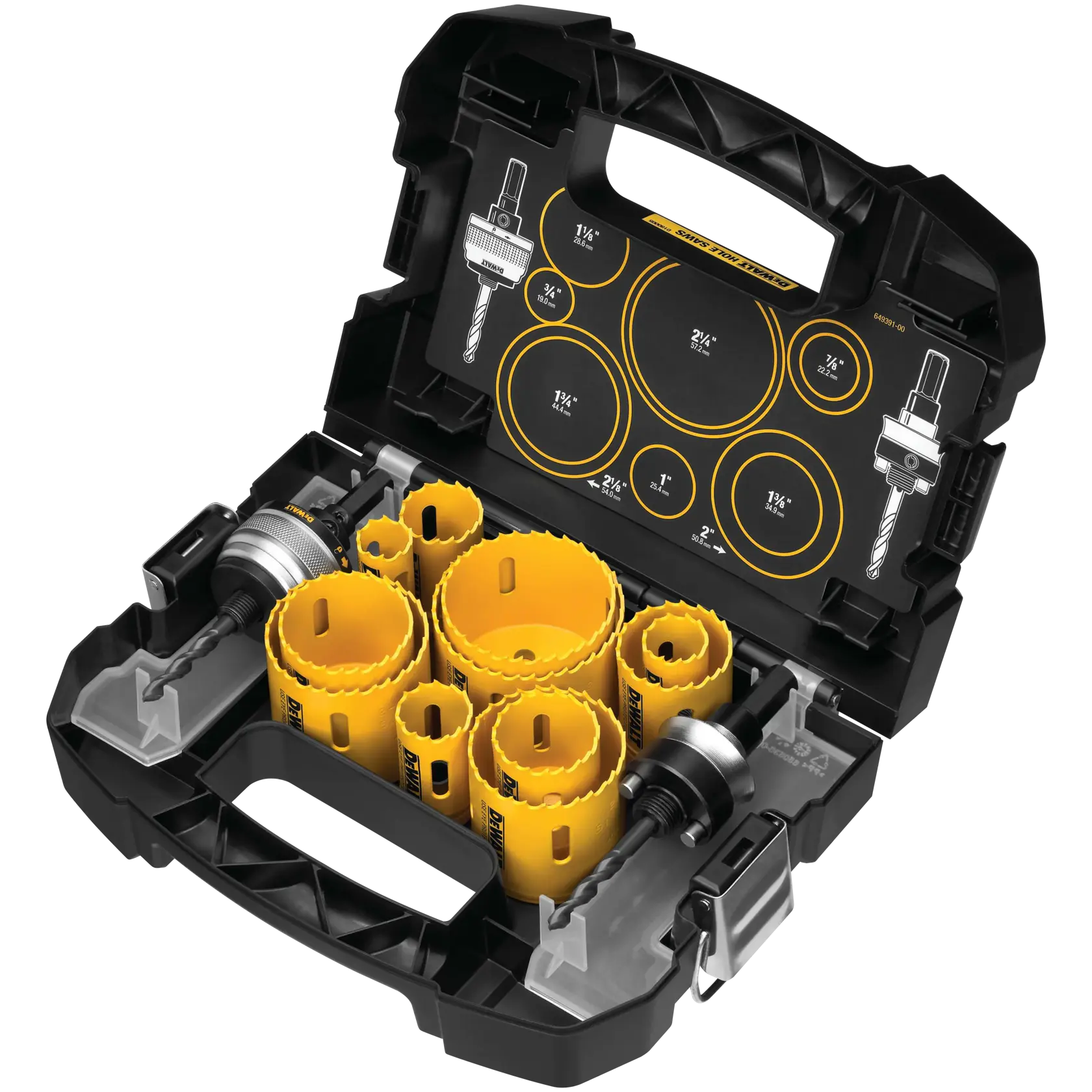 A DEWALT hole saw kit in a black plastic case, containing multiple yellow hole saw blades of various sizes, two mandrels with drill bits attached, and labeled storage slots. The case lid displays diagrams illustrating the sizes and configurations of the hole saws.