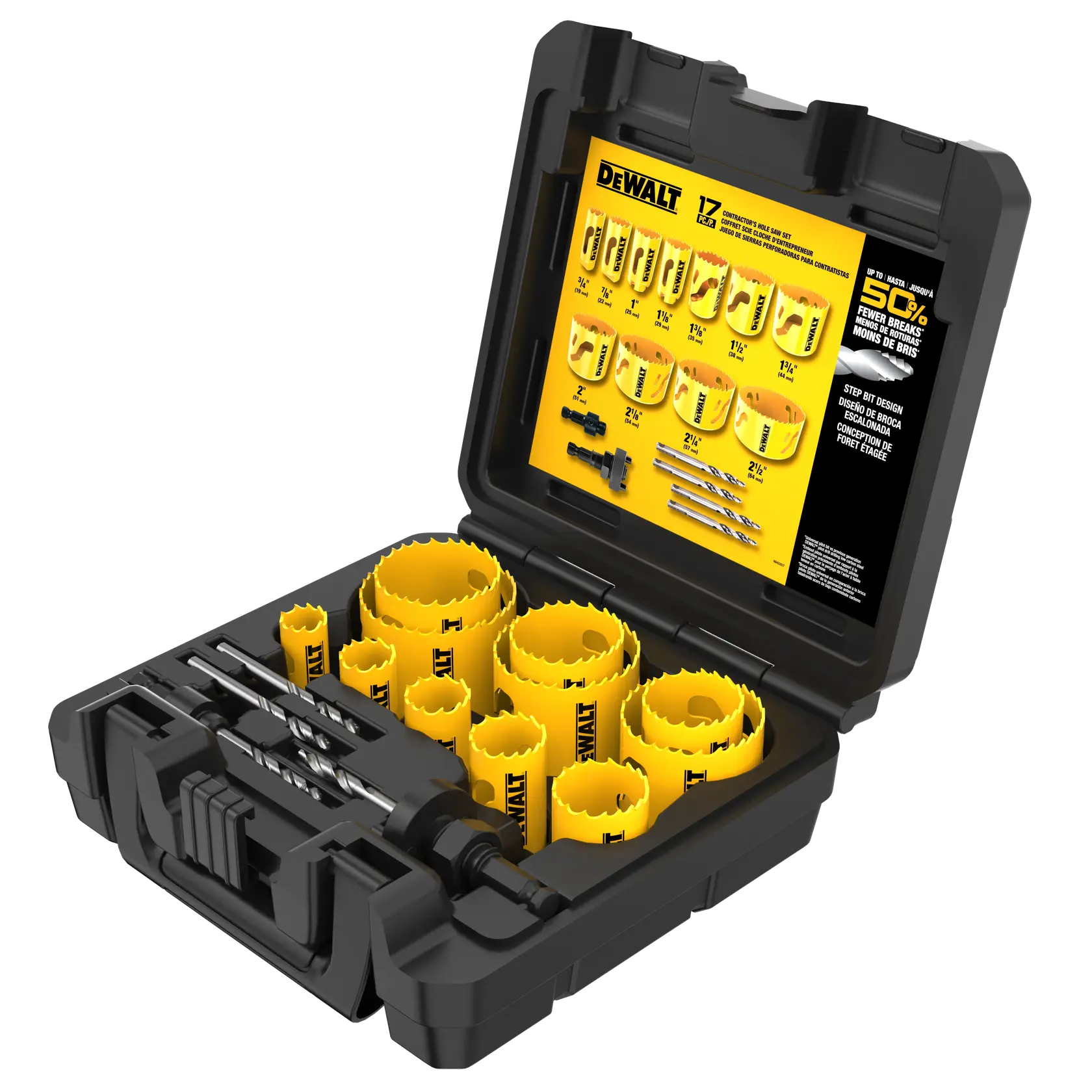 DEWALT 17-piece yellow hole saw kit in a black hard case with various sizes and accessories.