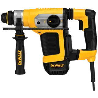 A yellow and black DEWALT corded rotary hammer drill with a side handle and depth gauge, shown from the side.
