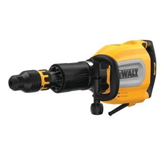 A DEWALT branded electric demolition hammer with a yellow and black body, featuring a side handle for better grip and control.