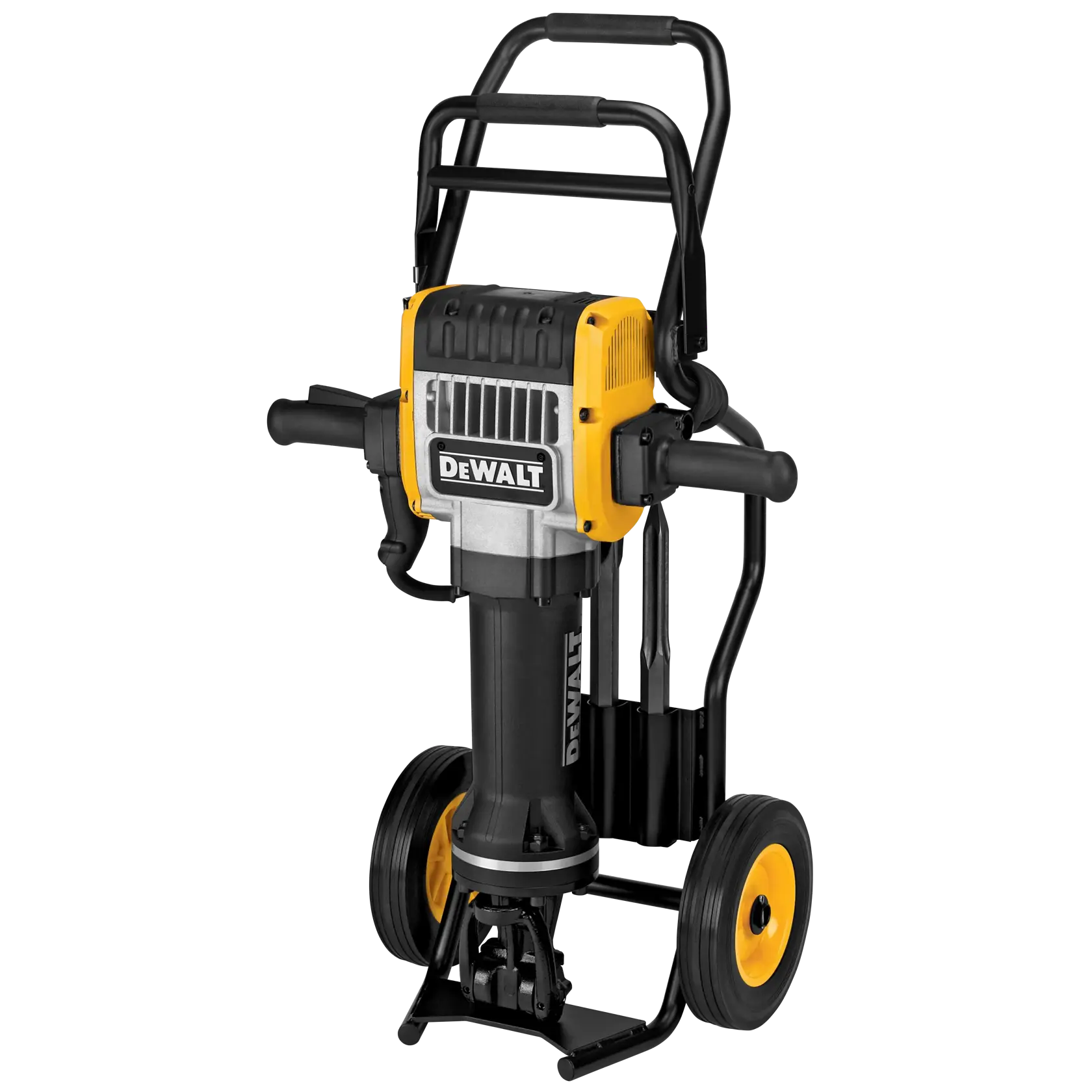 A DEWALT heavy-duty demolition hammer mounted on a wheeled cart, designed for industrial and construction use. The tool is primarily black and yellow, showing the DEWALT logo in front.