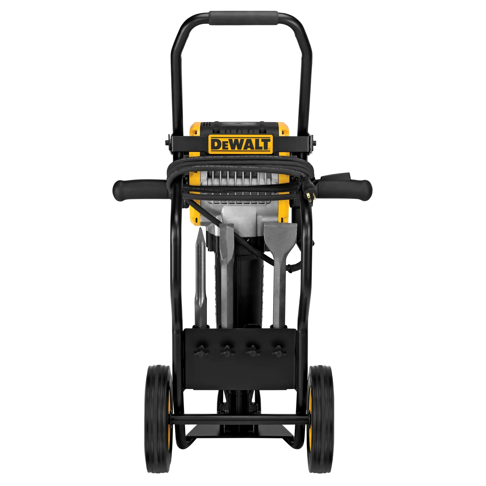 Front view of a DEWALT portable cart for a demolition hammer, showing attached tools and accessories, with two large wheels and a handle for easy transportation.