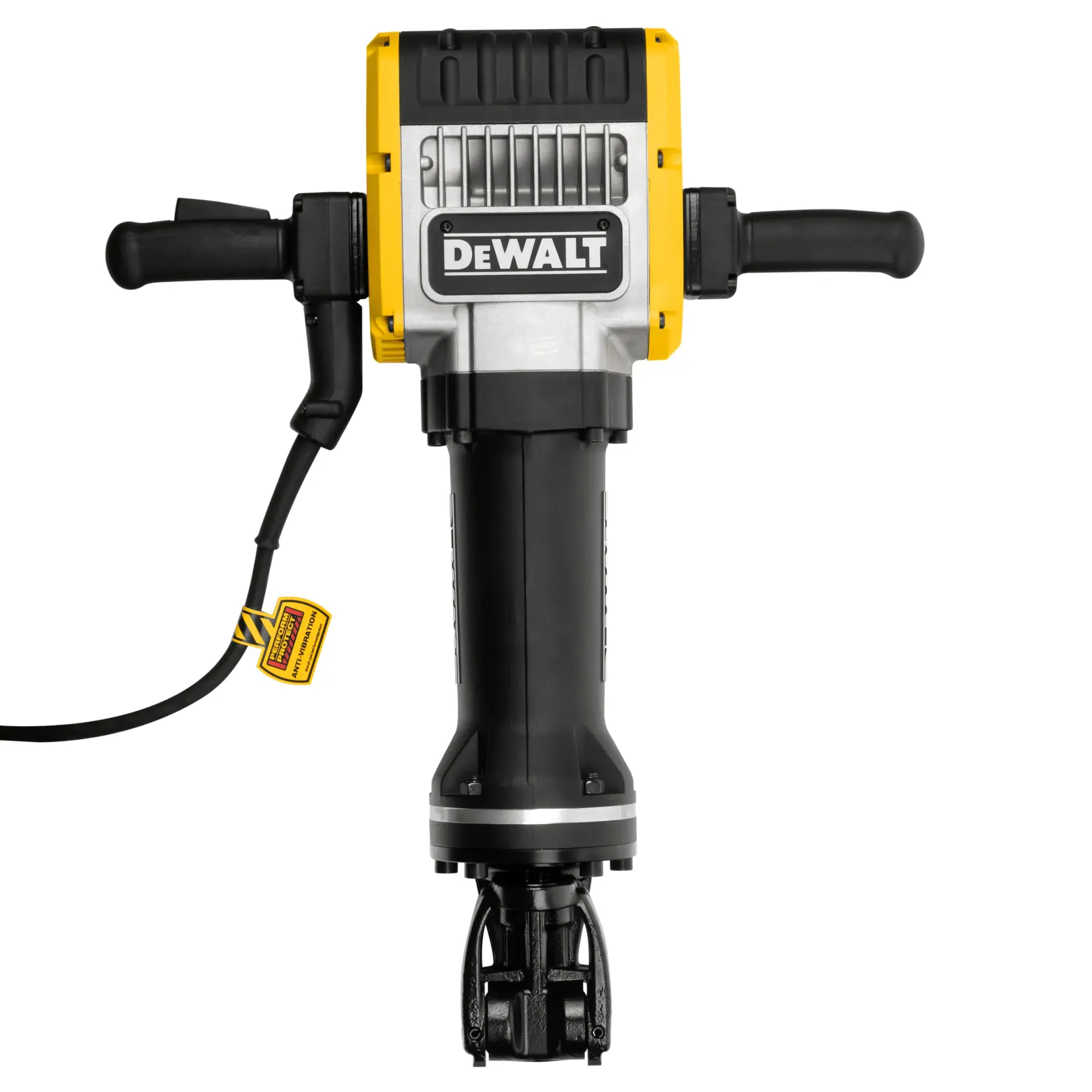 Front view of a DEWALT electric jackhammer with two black handles and a pointed chisel, shown against a white background.