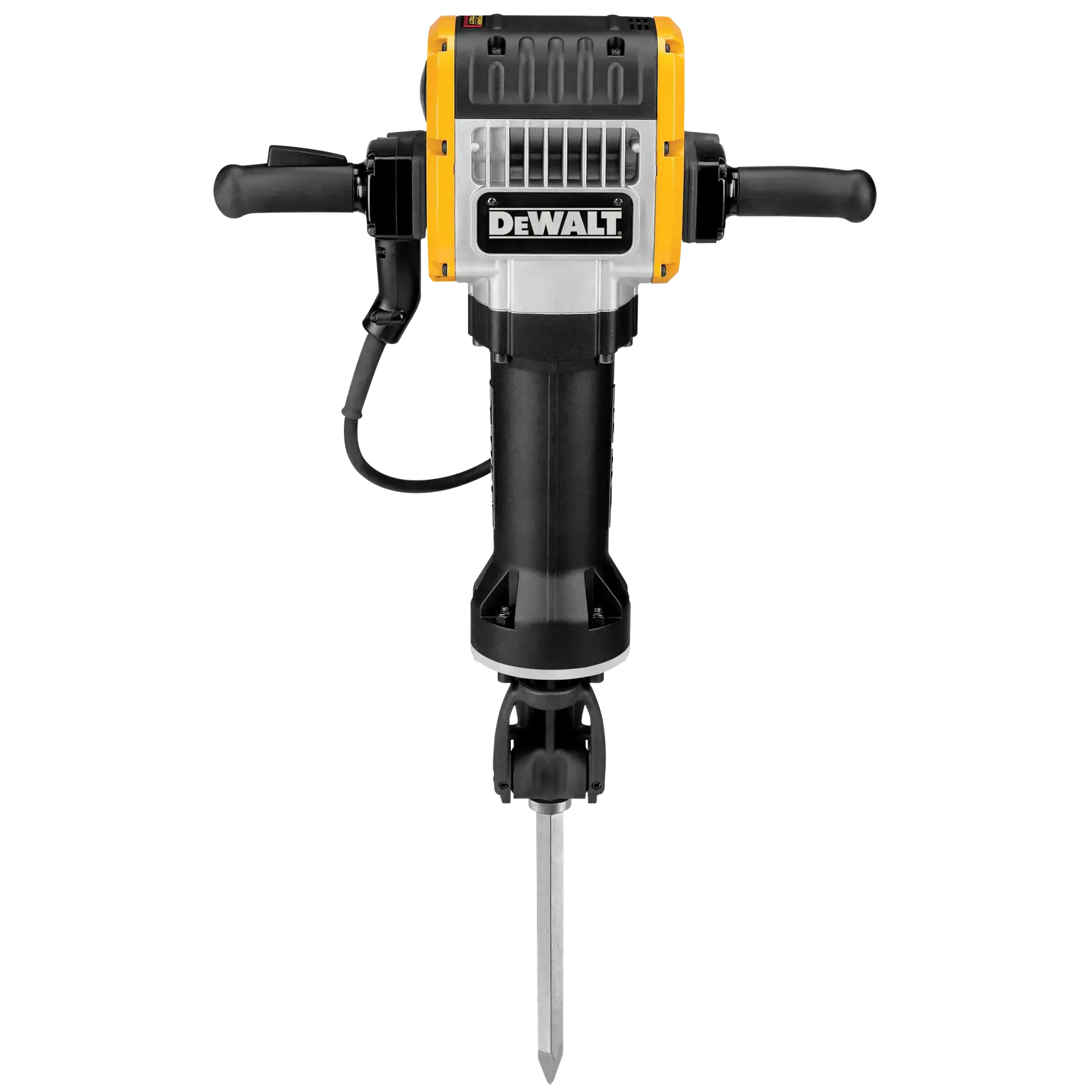 A person wearing work gloves and brown overalls operates a DEWALT D25980 jackhammer on a construction site, breaking up concrete debris. There are partially built structures and scaffolding in the background.