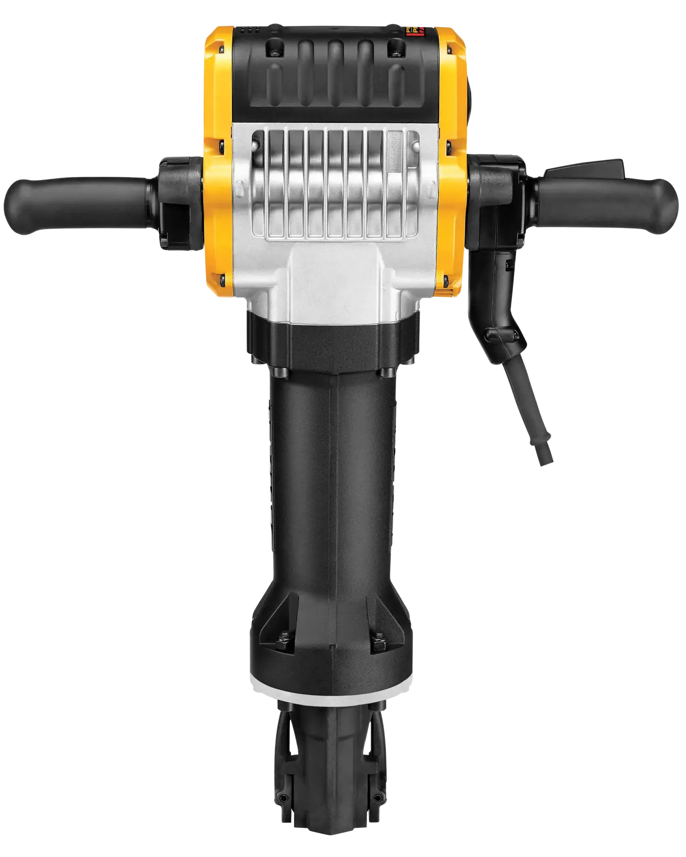 Front view of a DEWALT electric demolition hammer, featuring a yellow and black body, two handles, and a sturdy metal casing.