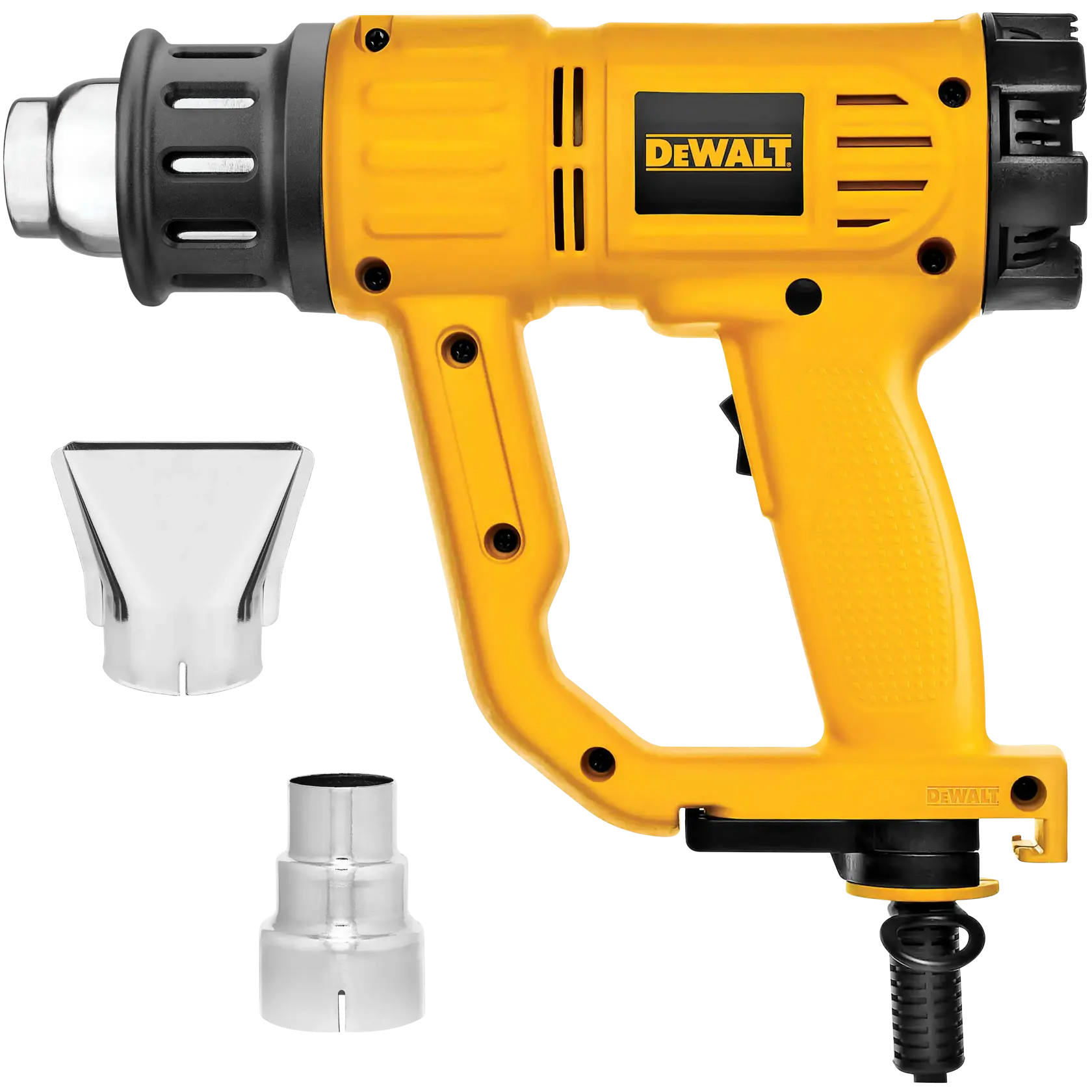 A yellow DEWALT heat gun, model D26950, is shown with two interchangeable metal nozzle attachments. The heat gun features a pistol-grip handle and is designed for use in photography or general applications requiring controlled heat.